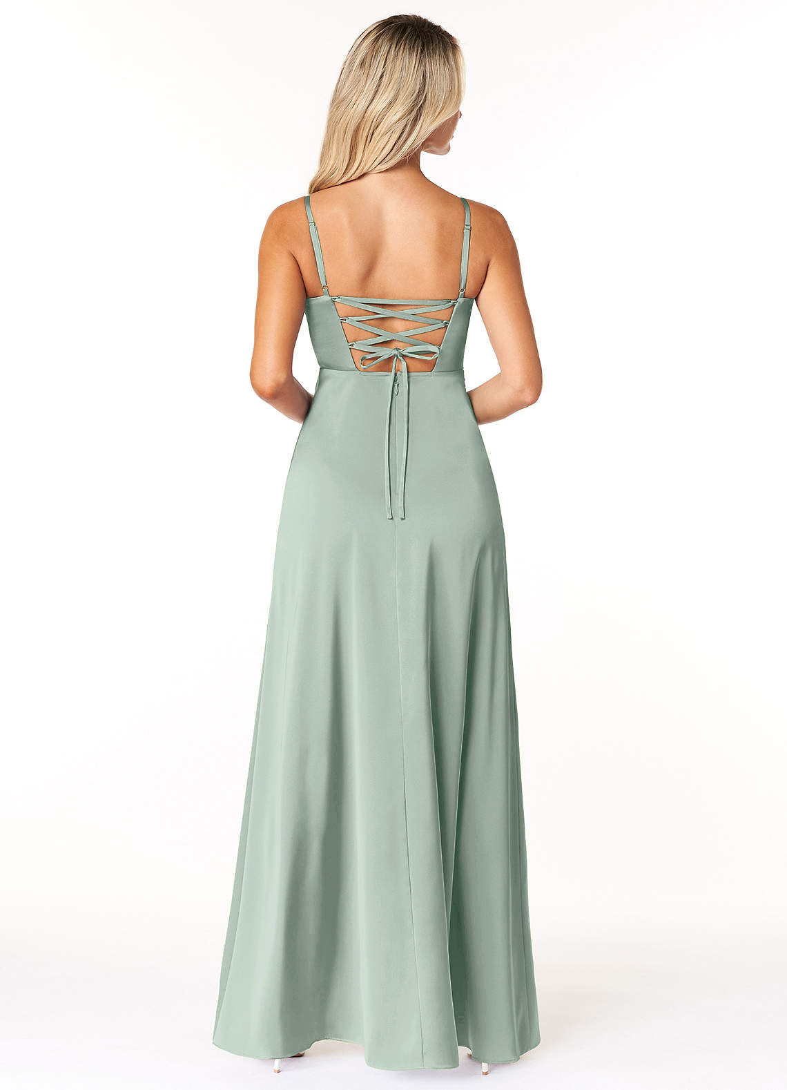 Marchella A-Line V-Neck Stretch Satin Bridesmaid Dress in Agave