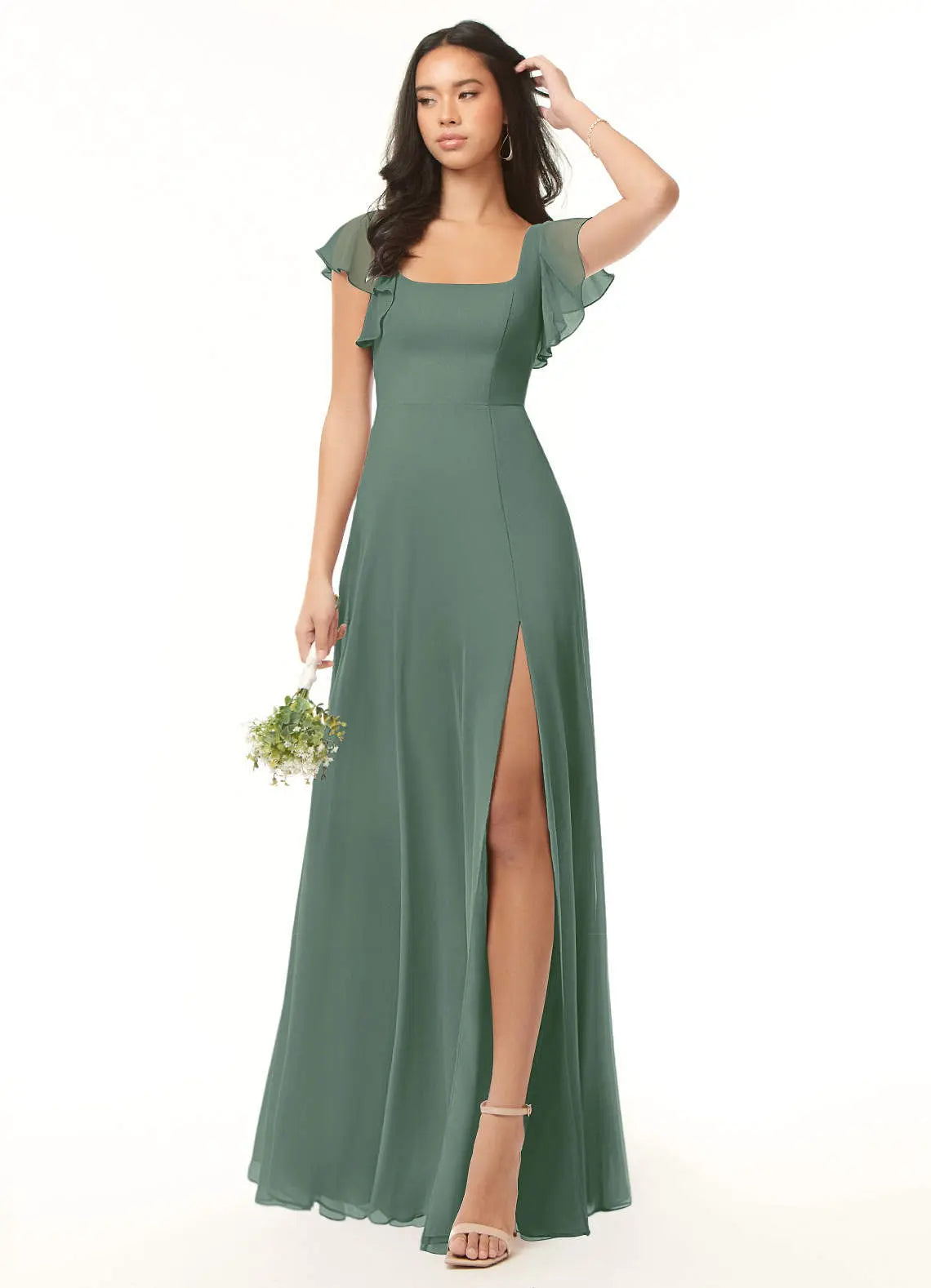 Bondi A-Line Square-Neck Chiffon Bridesmaid Dress in Eucalyptus