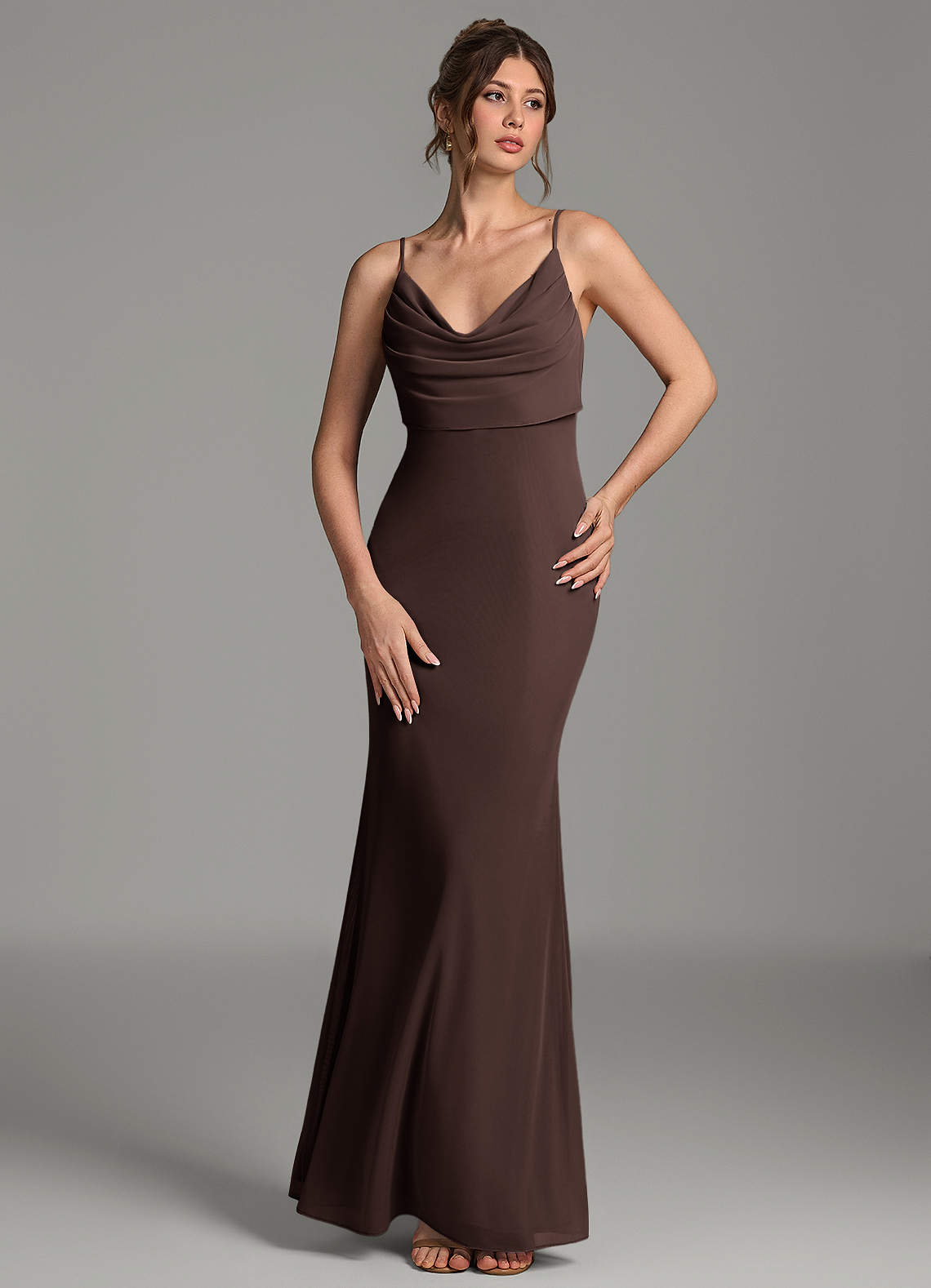 Zari Mermaid Cowl-Neck Mesh Bridesmaid Dress in Ganache