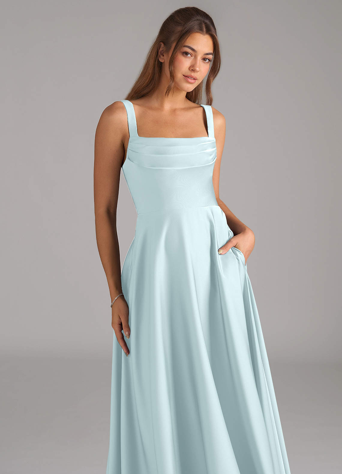 Shaude A-Line Square-Neck Stretch Satin Bridesmaid Dress in Sea Glass