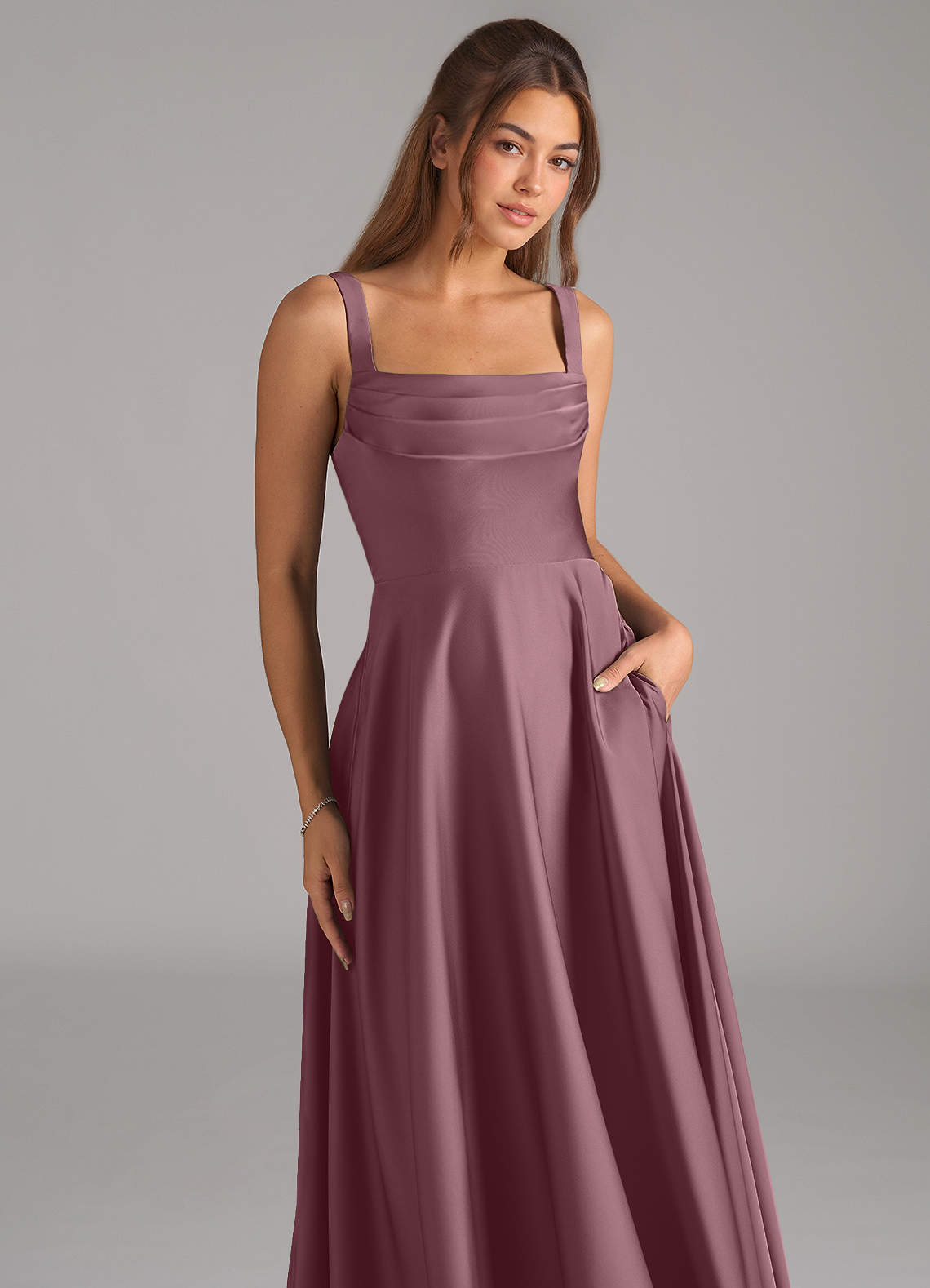 Shaude A-Line Square-Neck Stretch Satin Bridesmaid Dress in Amethyst