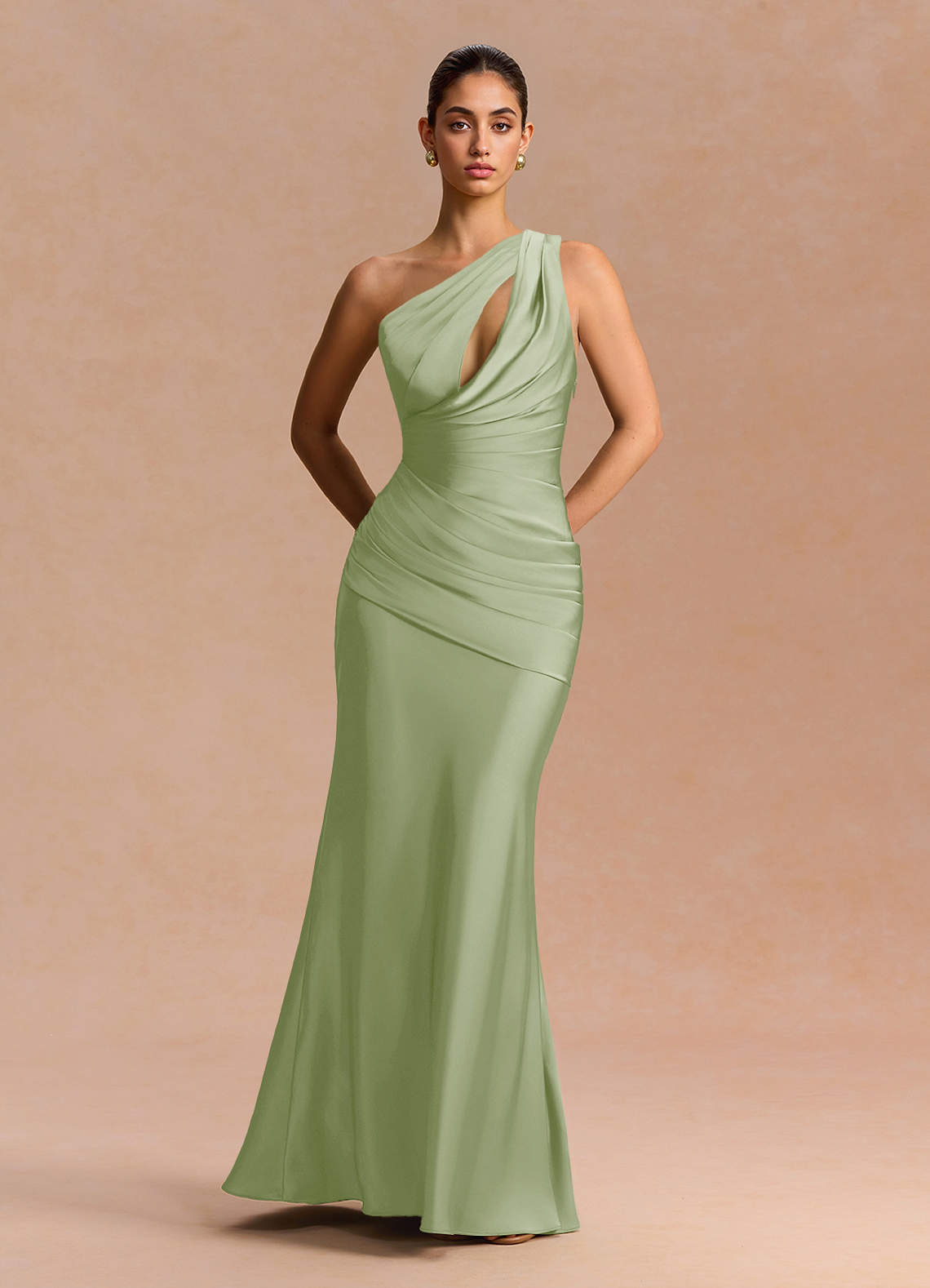 Guinevere One-Shoulder Cutout Stretch Satin Evening Dress in Light Green