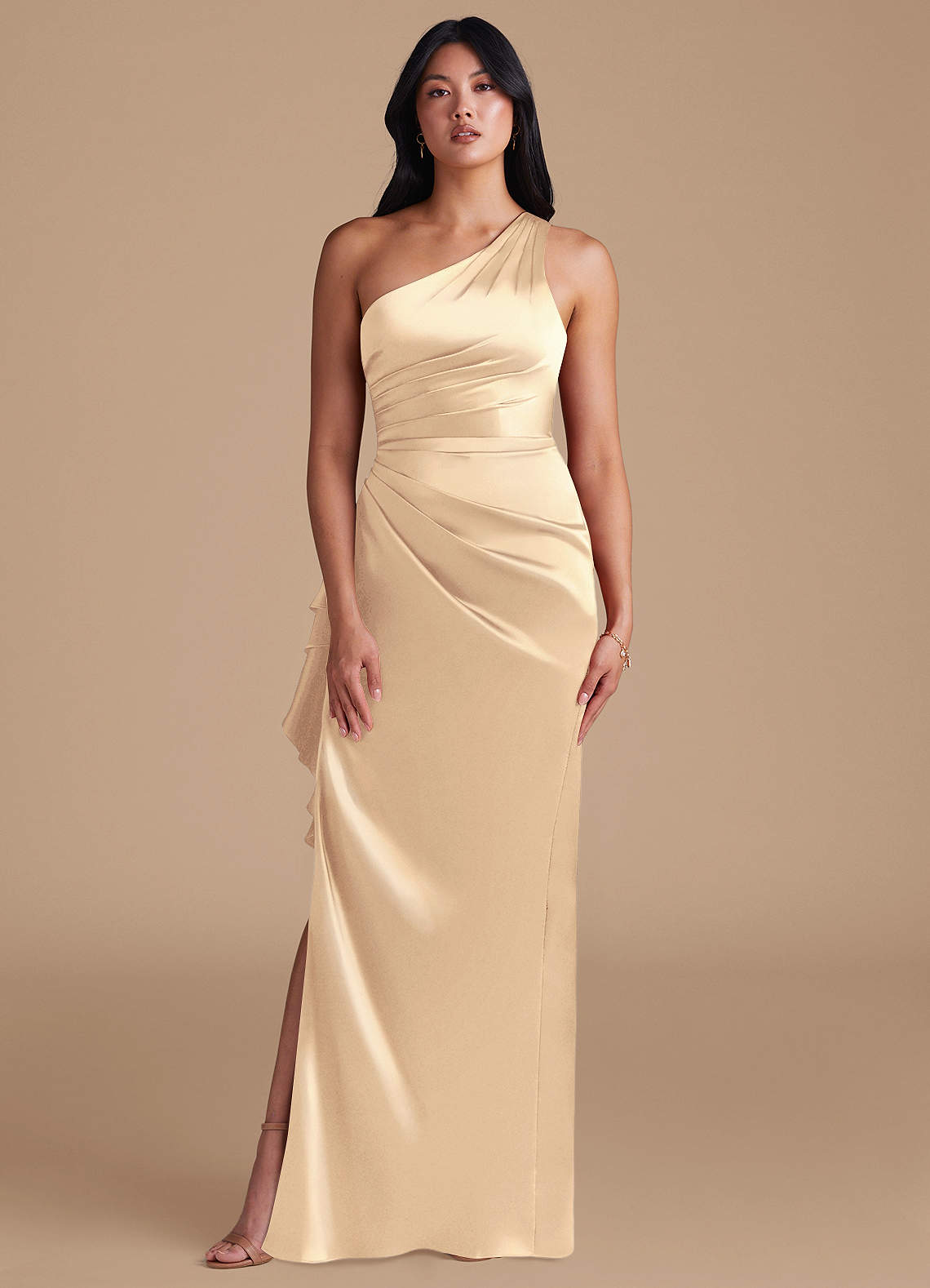 Latrice Sheath One-Shoulder Metallic Satin Bridesmaid Dress in Gold