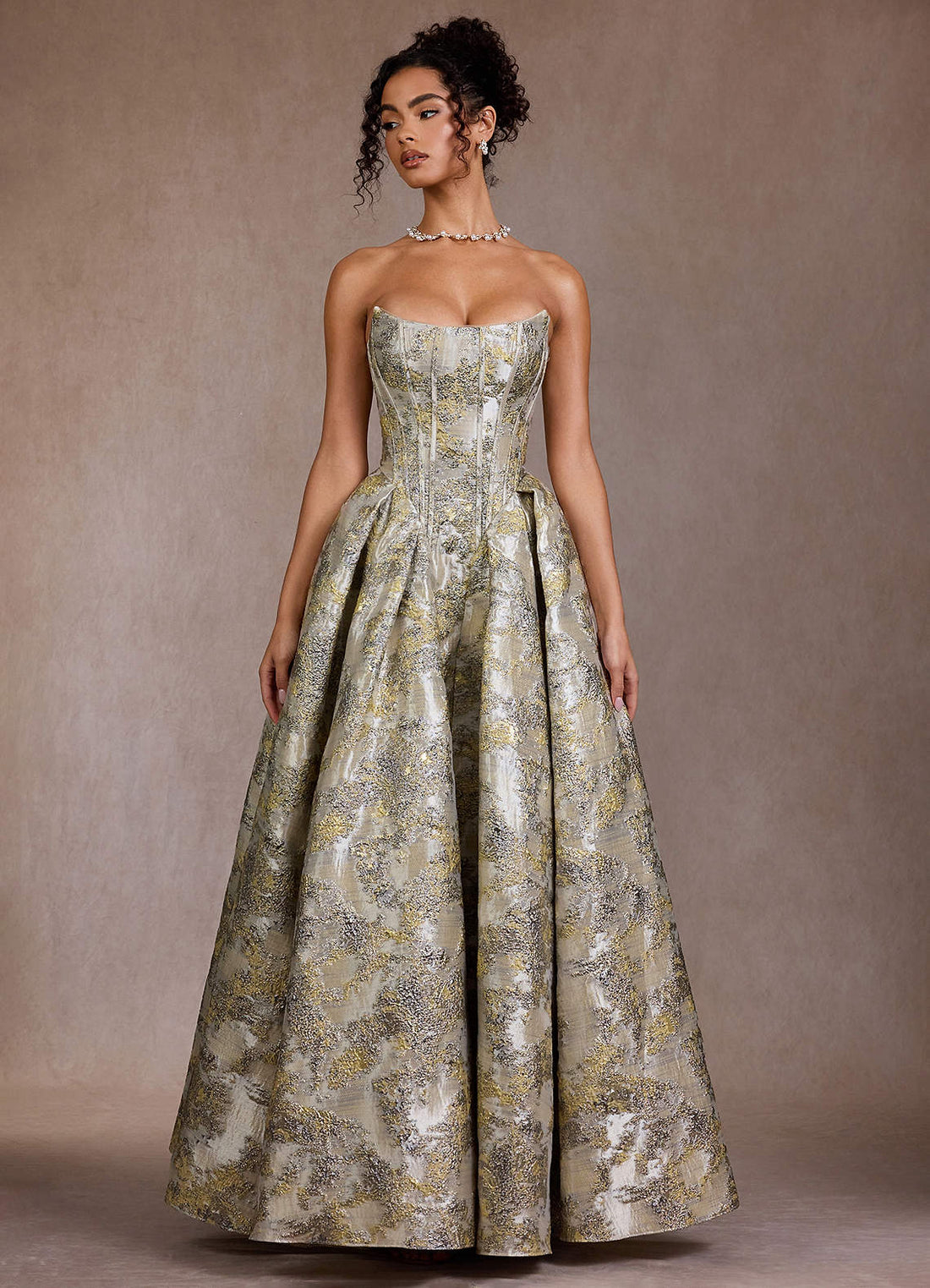 Mavis Ball Gown Strapless Brocade Evening Dress in Gilded Silver