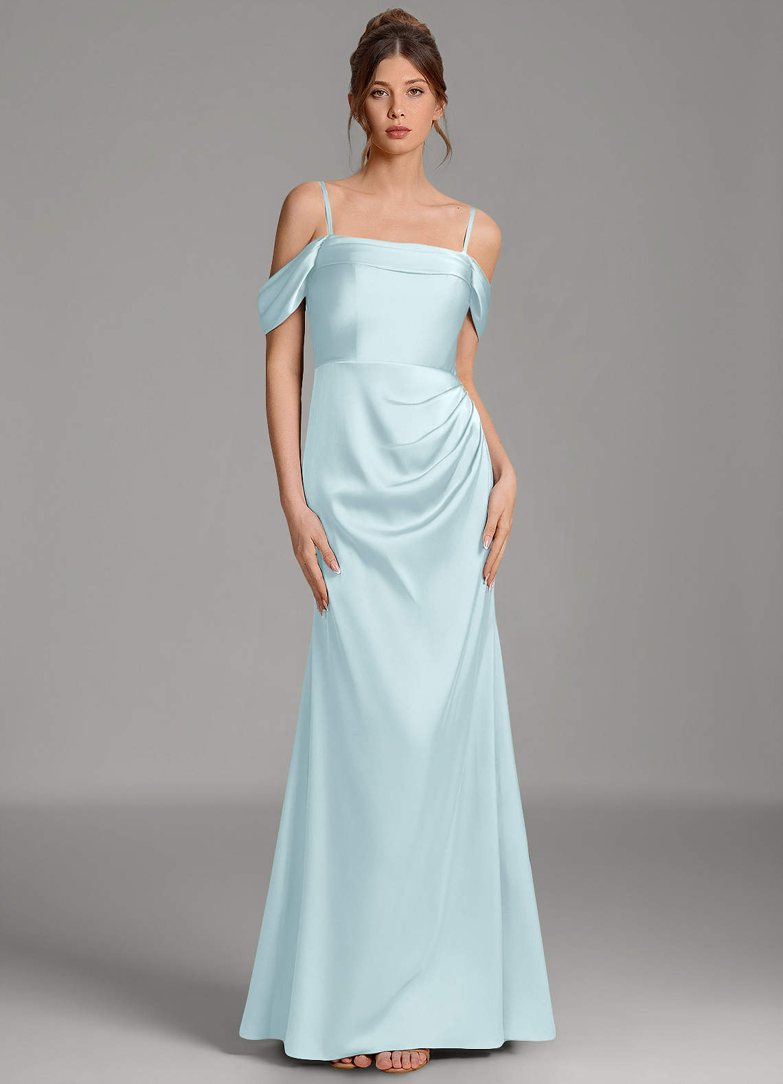 Wyatt Mermaid Off-the-Shoulder Stretch Satin Bridesmaid Dress in Cloud Blue