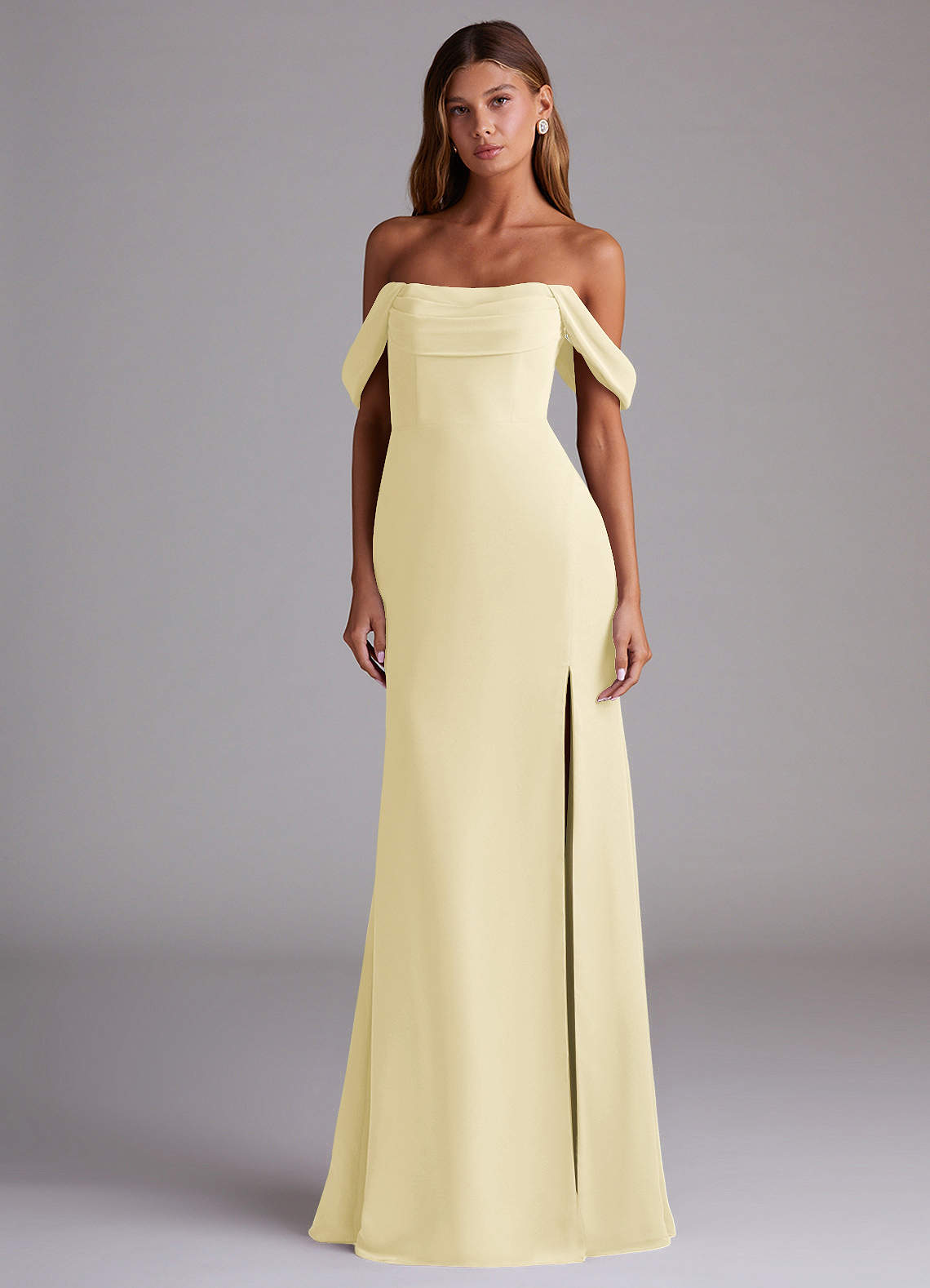 Saige A-Line Off-the-Shoulder Chiffon Bridesmaid Dress in Lemon Sorbet
