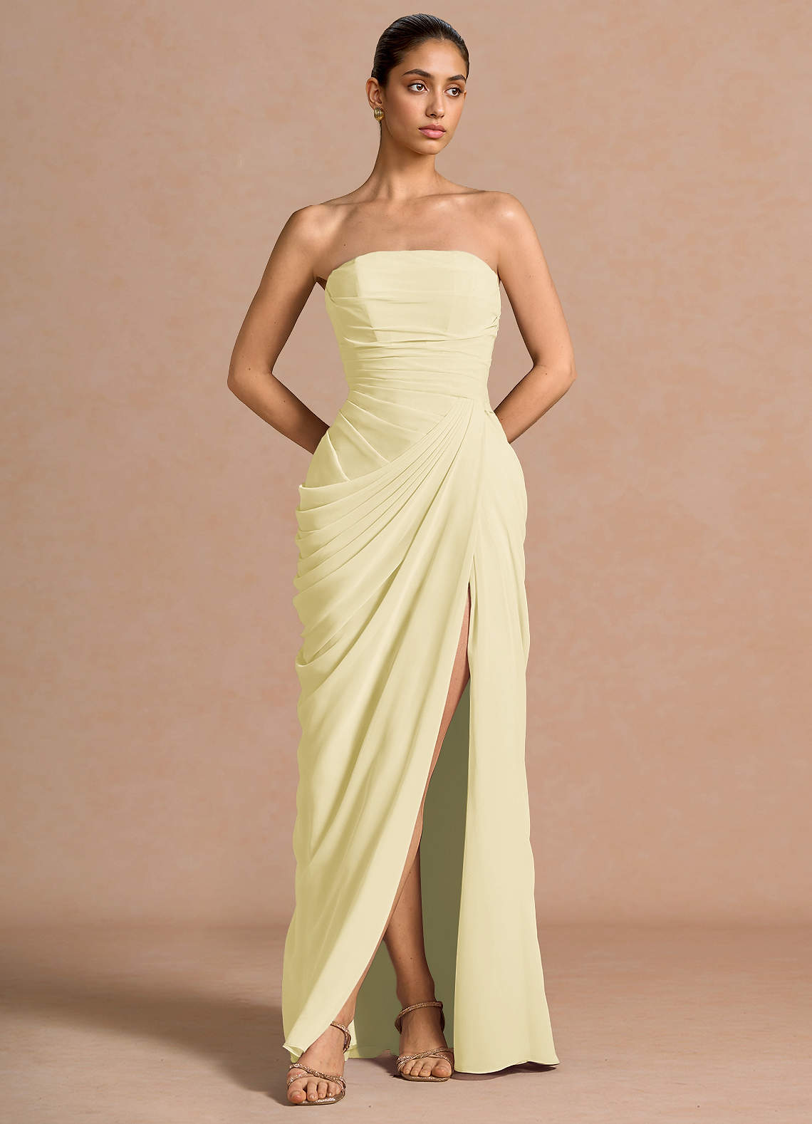 Kaavia Column Pleated Chiffon Maxi Evening Dress in Butter Yellow
