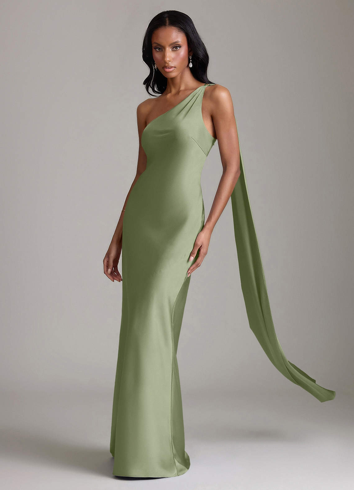 Juniper Mermaid One-Shoulder Stretch Satin Bridesmaid Dress in Pistachio