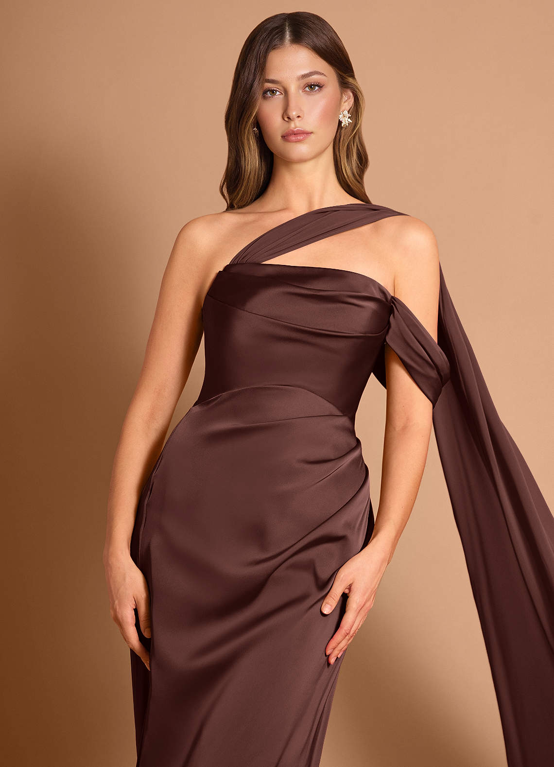 Meliora Asymmetric Strapless Chiffon-Drape Stretch Satin Evening Dress in Mocha Coco