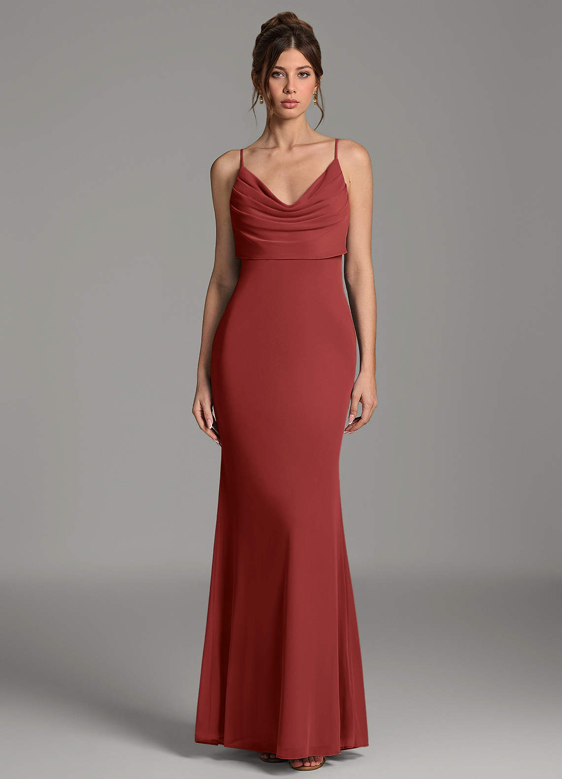 Zari Mermaid Cowl-Neck Mesh Bridesmaid Dress in Rust