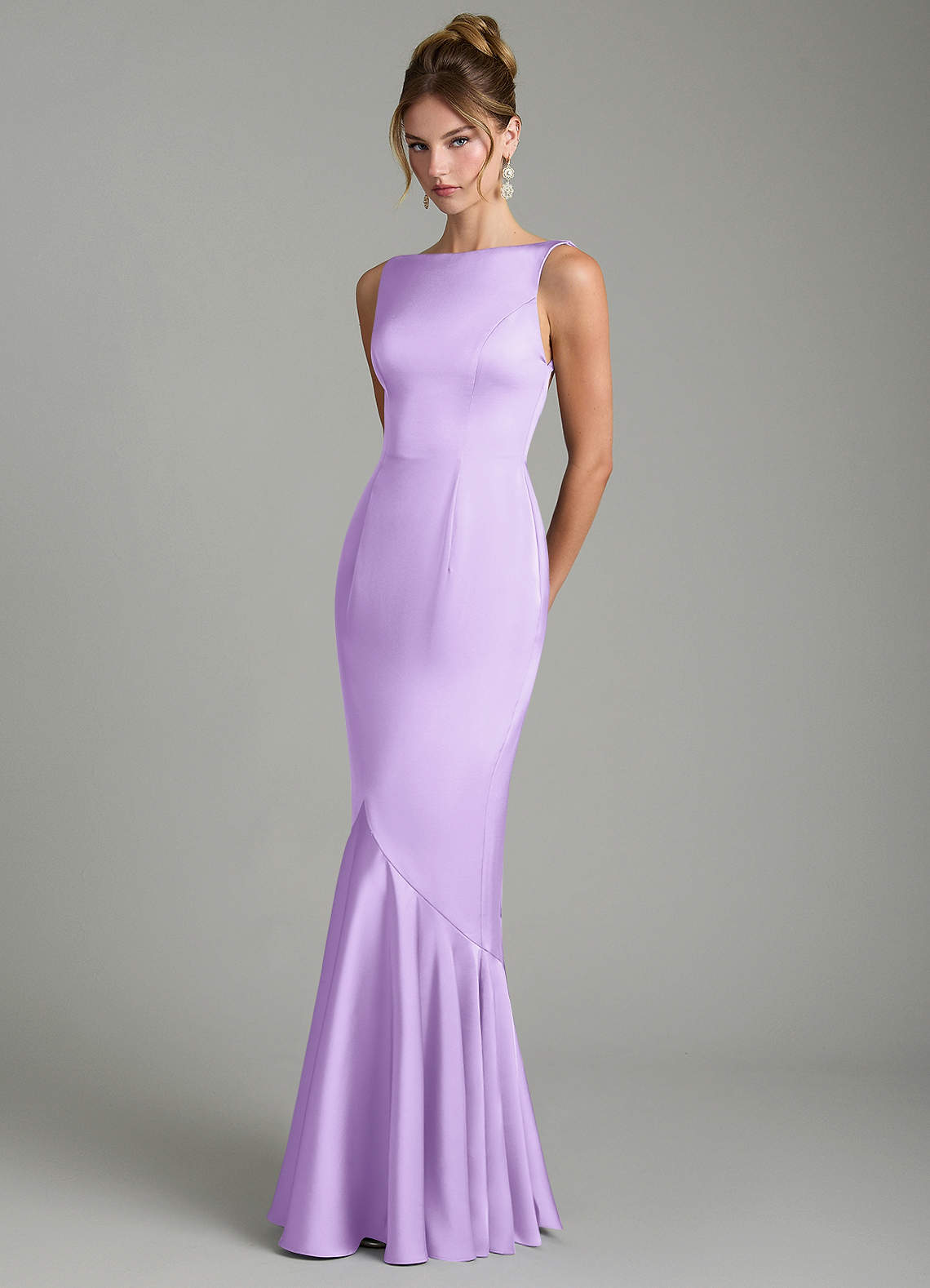 Tamera Mermaid Boat-Neck Stretch Satin and Chiffon Bridesmaid Dress in Lilac