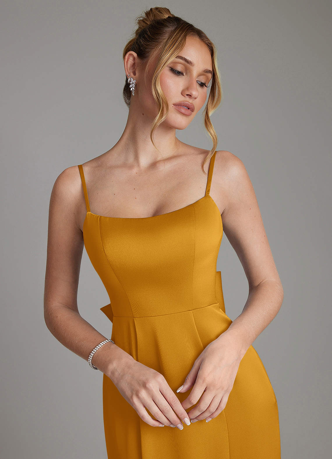 Zherra Mermaid Scoop-Neck Stretch Satin Bridesmaid Dress in butterscotch