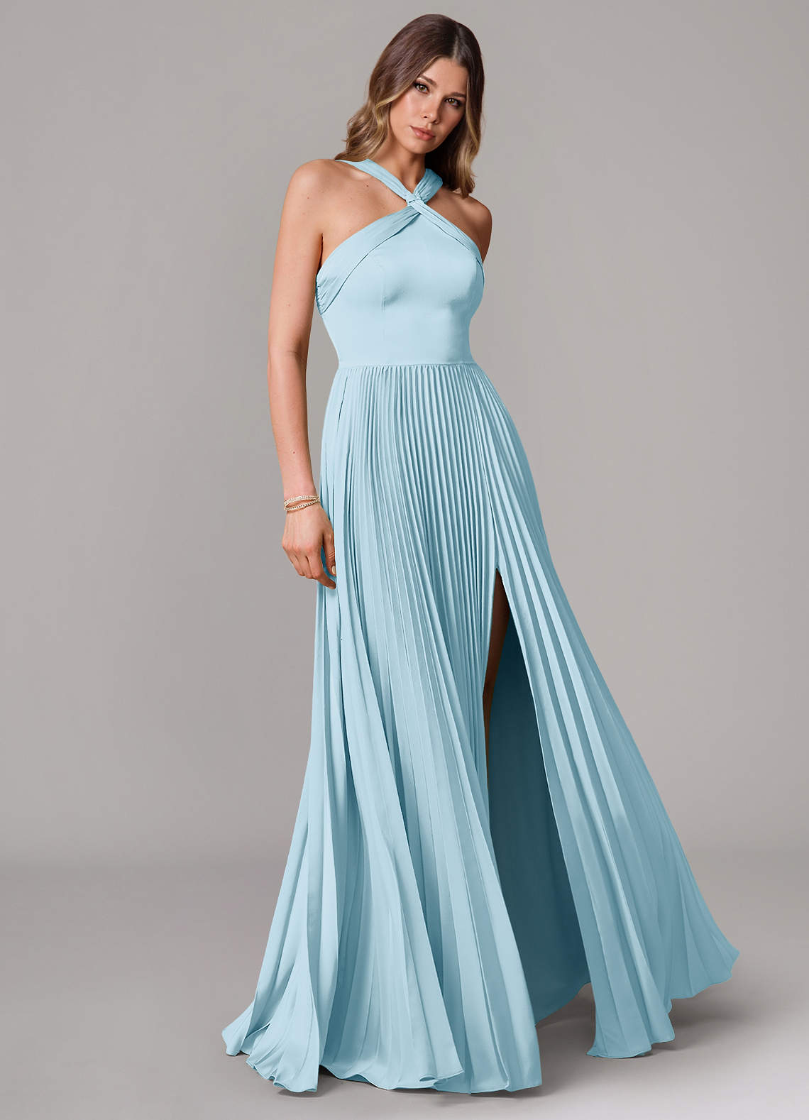 Afra A-Line Halter-Neck Stretch Satin Bridesmaid Dress in Sky Blue