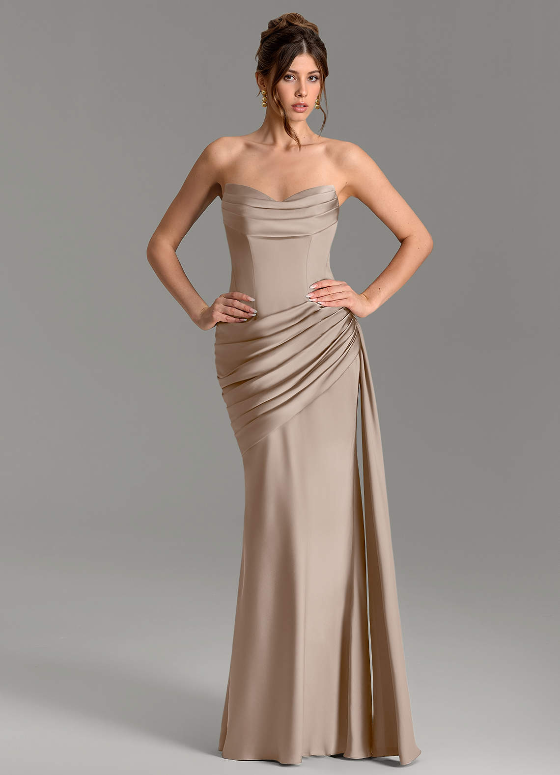 Zorah Mermaid Sweetheart Stretch Satin Bridesmaid Dress in Taupe
