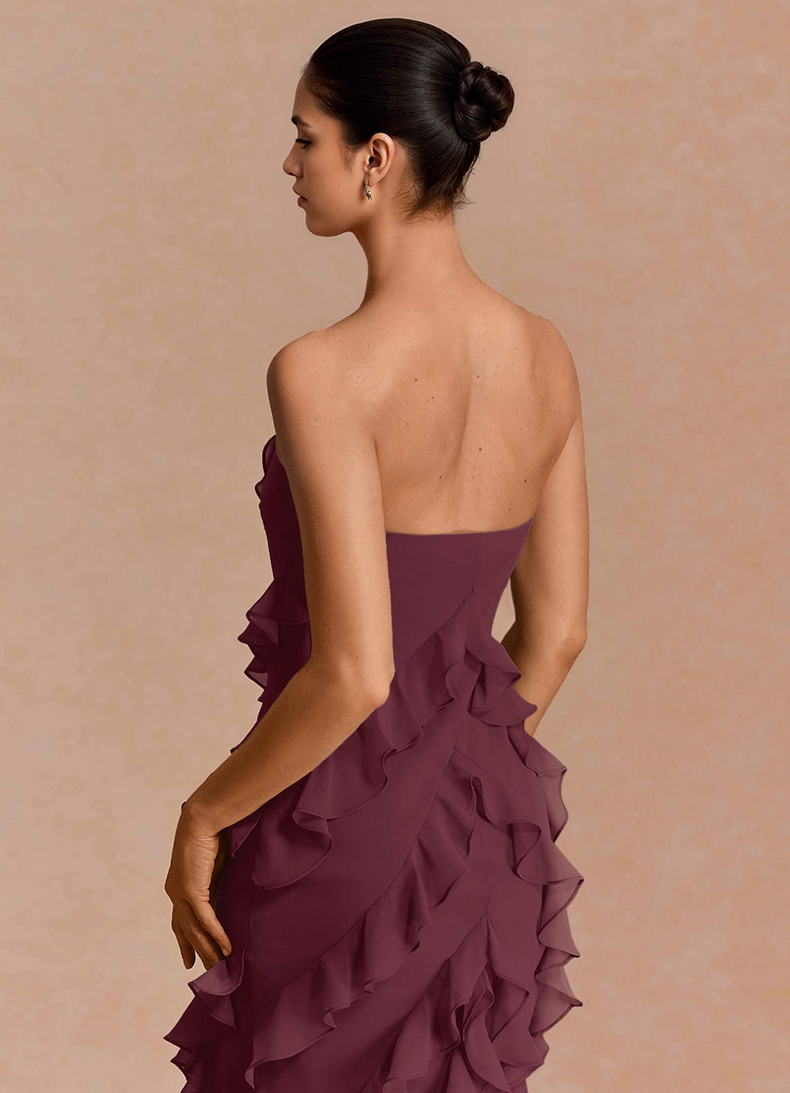 Eira A-Line Ruffle Chiffon Evening Dress in Wine