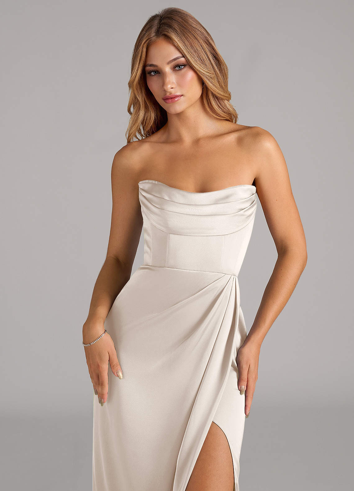 Johana Mermaid Off-the-Shoulder Stretch Satin Bridesmaid Dress in White Alabaster