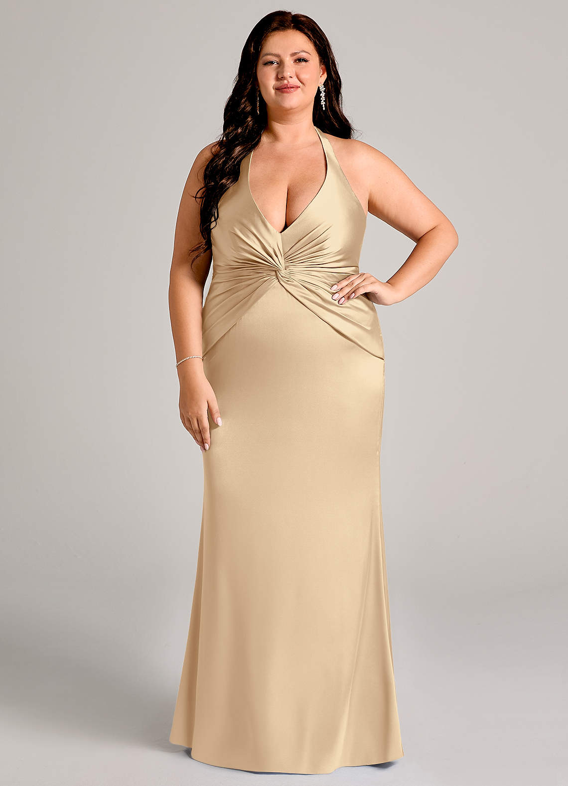 Valerie Mermaid V-Neck Stretch Satin Bridesmaid Dress in Champagne