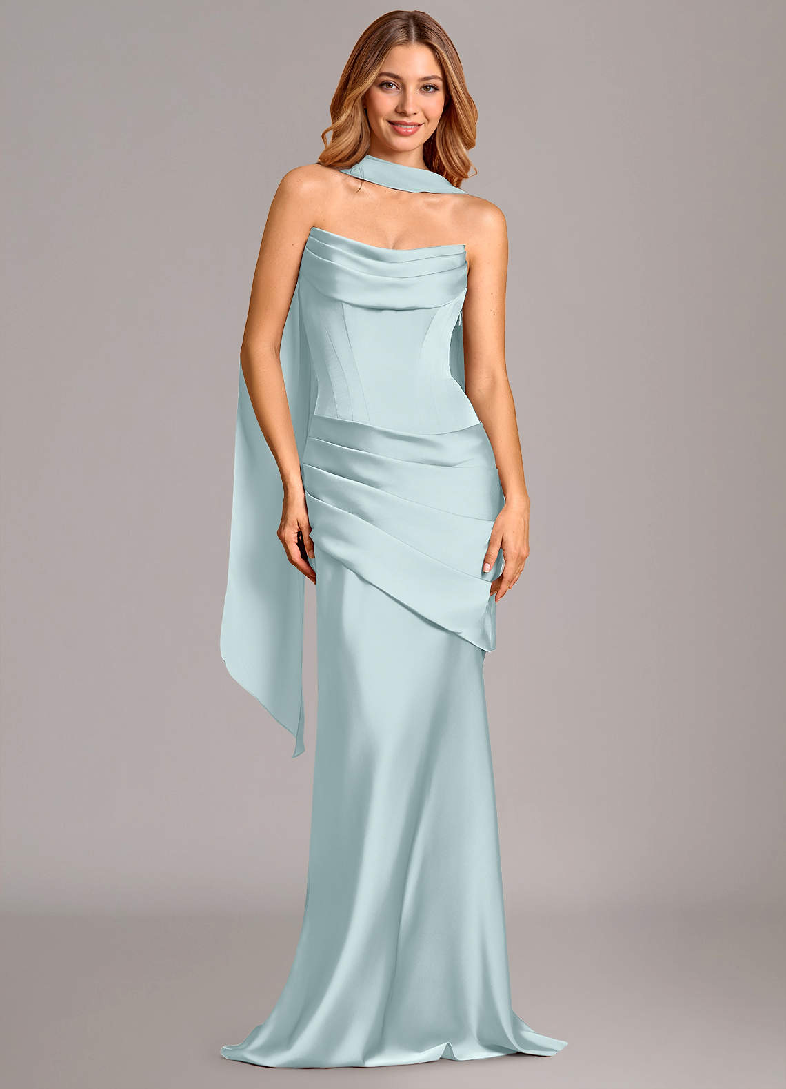 Pelagia Mermaid Cowl-Neck Stretch Satin Bridesmaid Dress in Mist
