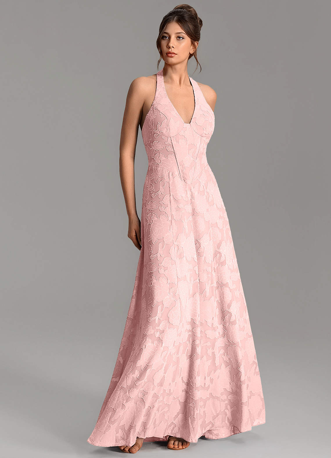 Nia A-Line V-Neck Floral Burnout Bridesmaid Dress in Powder Pink