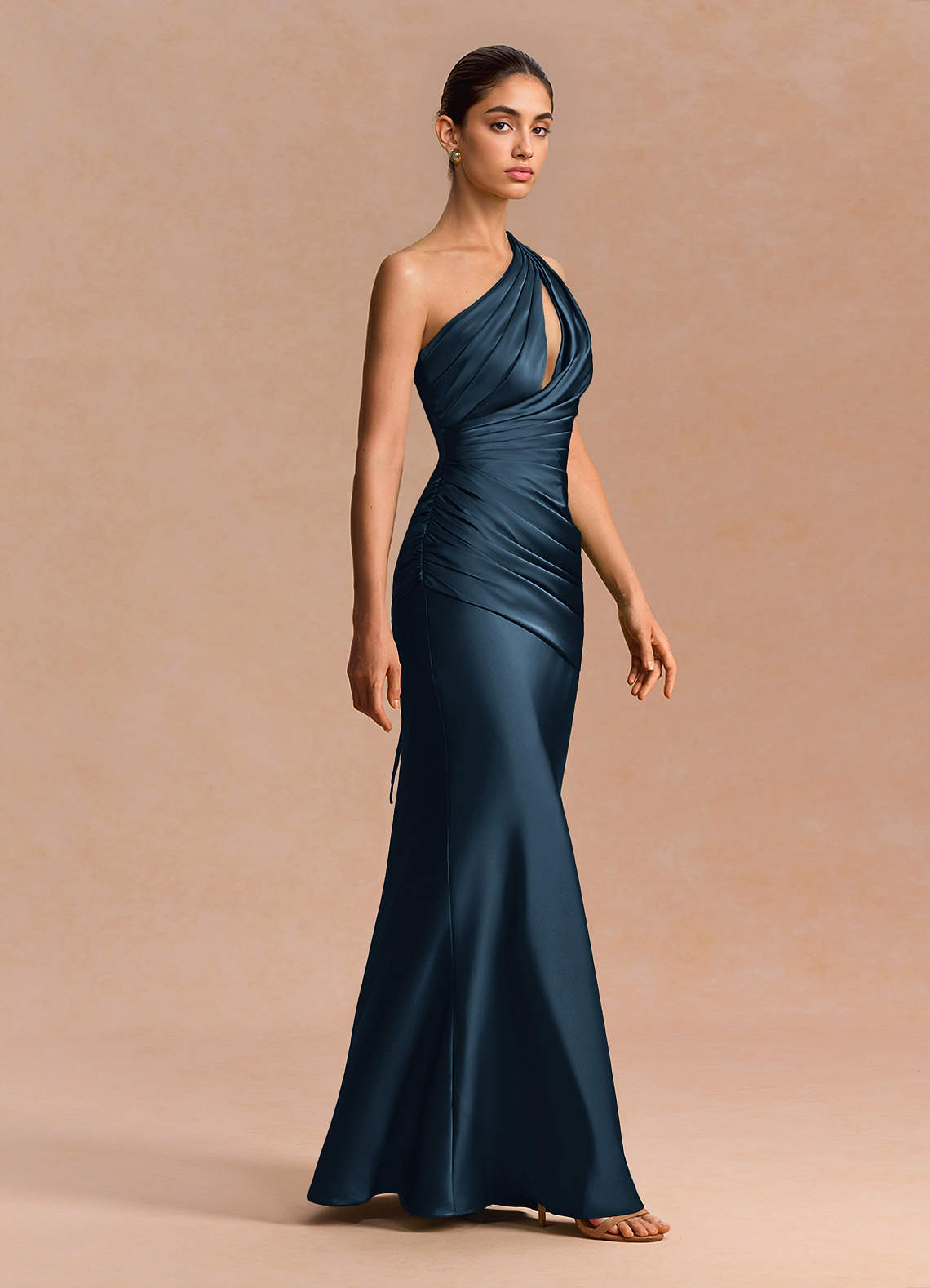 Guinevere One-Shoulder Cutout Stretch Satin Evening Dress in Navy