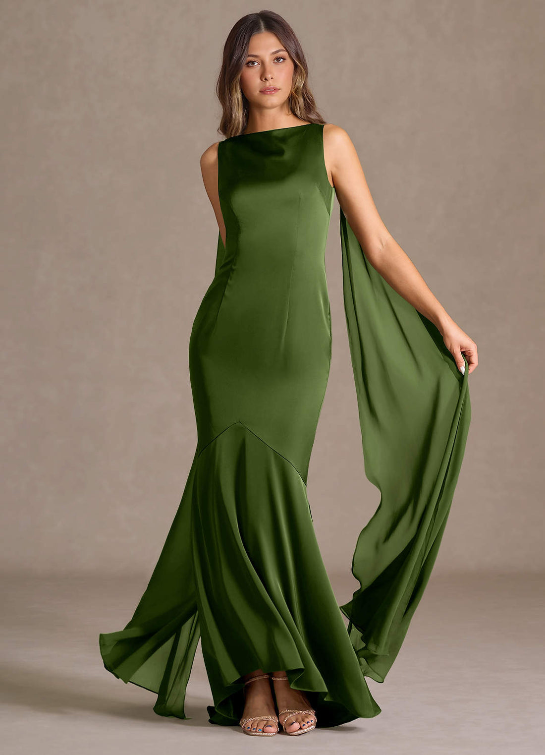 Wynne Mermaid Shoulder-Scarf Stretch Satin Evening Dress in Olive