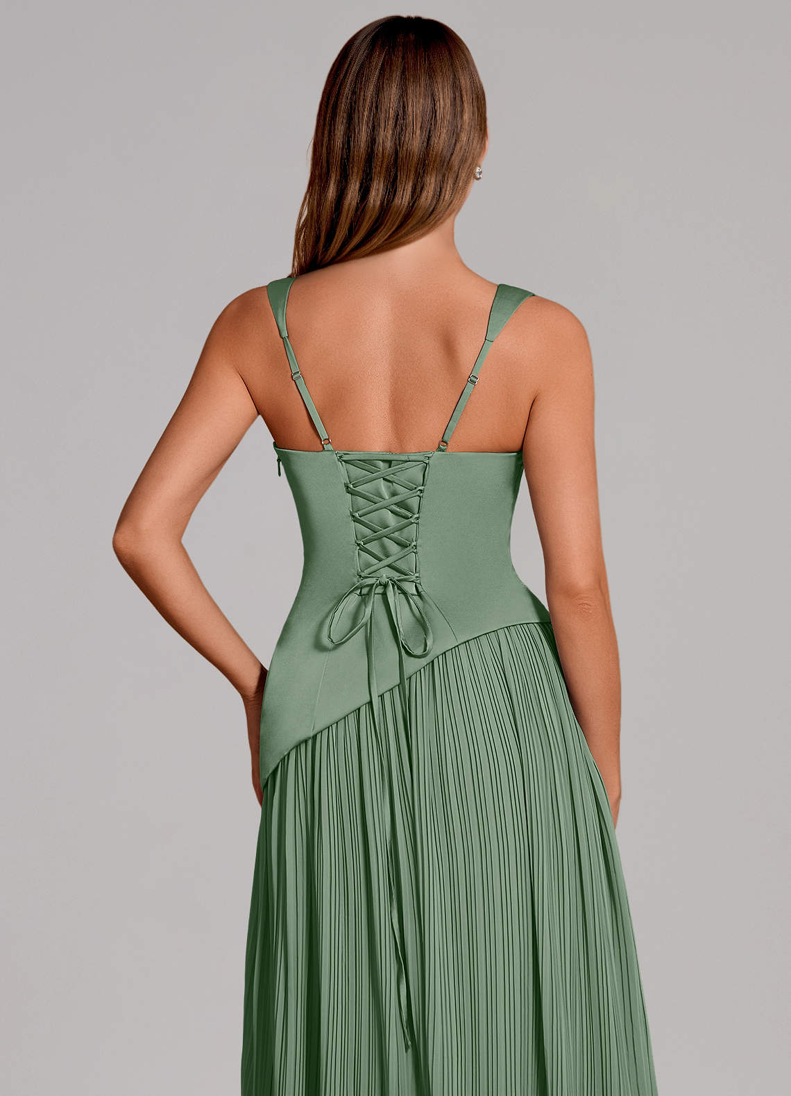 Stephanie A-Line Square-Neck Stretch Satin and Chiffon Bridesmaid Dress in Matcha