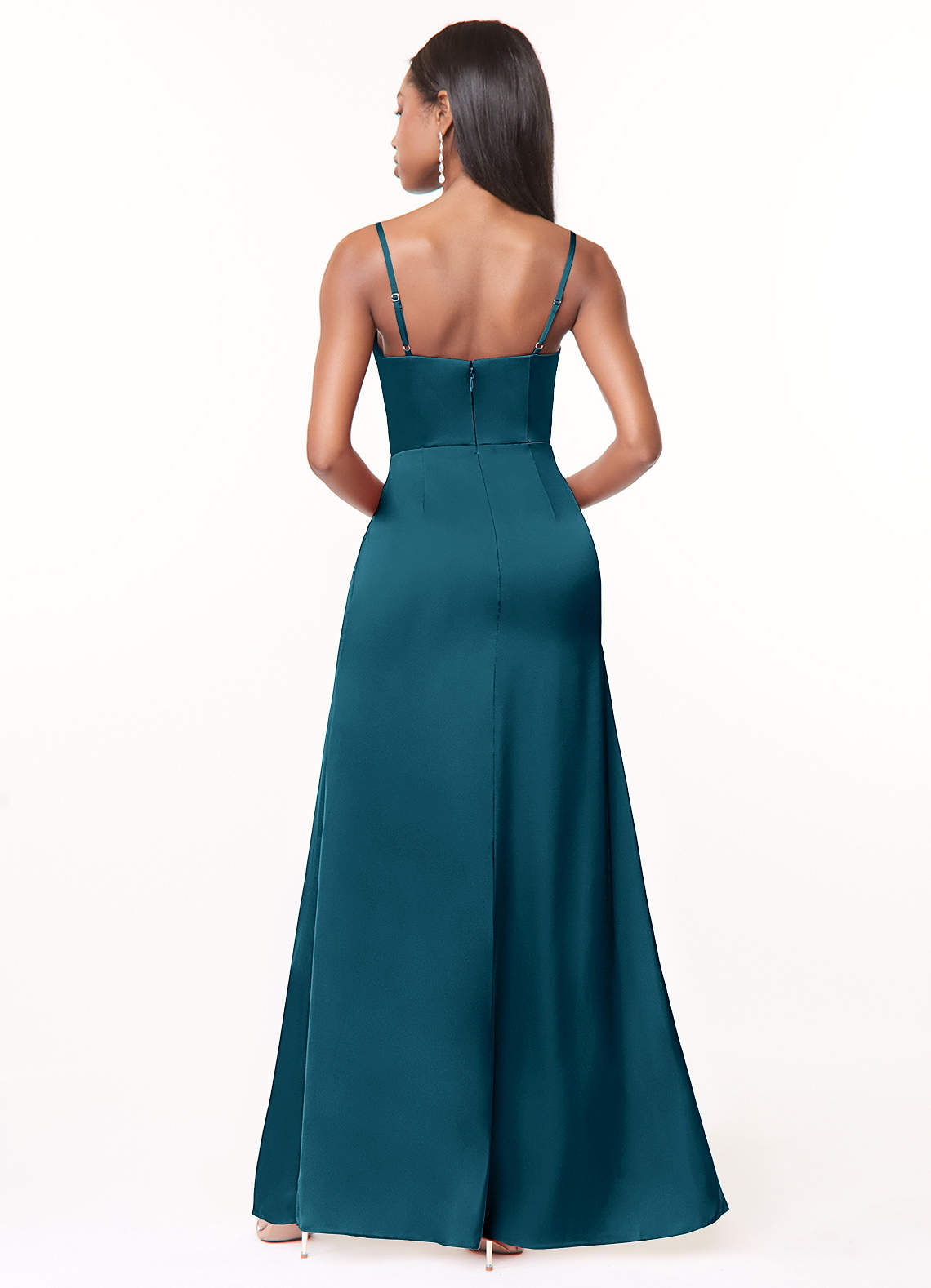Maci A-Line V-Neck Stretch Satin Bridesmaid Dress in Ink Blue