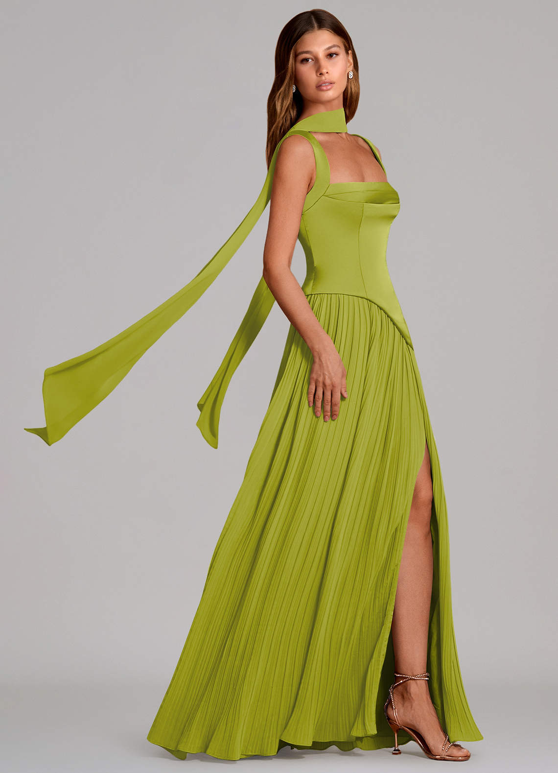 Stephanie A-Line Square-Neck Stretch Satin and Chiffon Bridesmaid Dress in Lemongrass