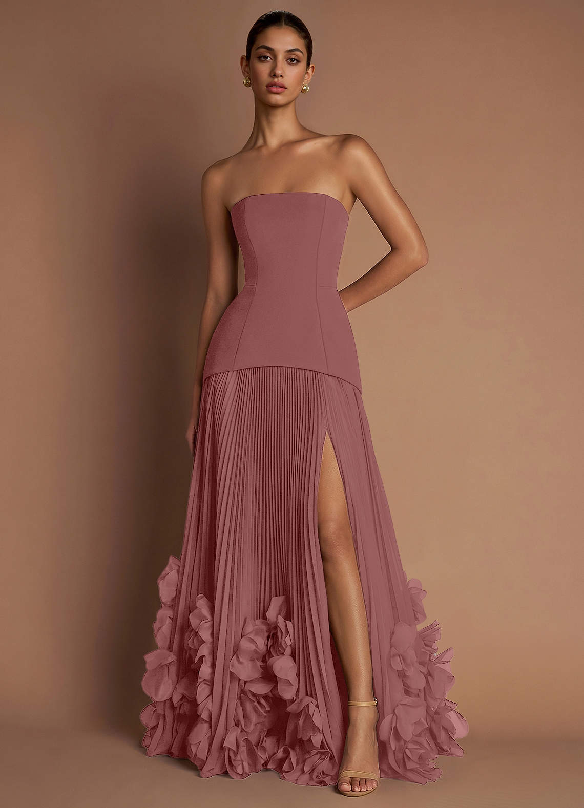 Marnie A-Line Corset Crepe Chiffon Evening Dress in Desert Rose