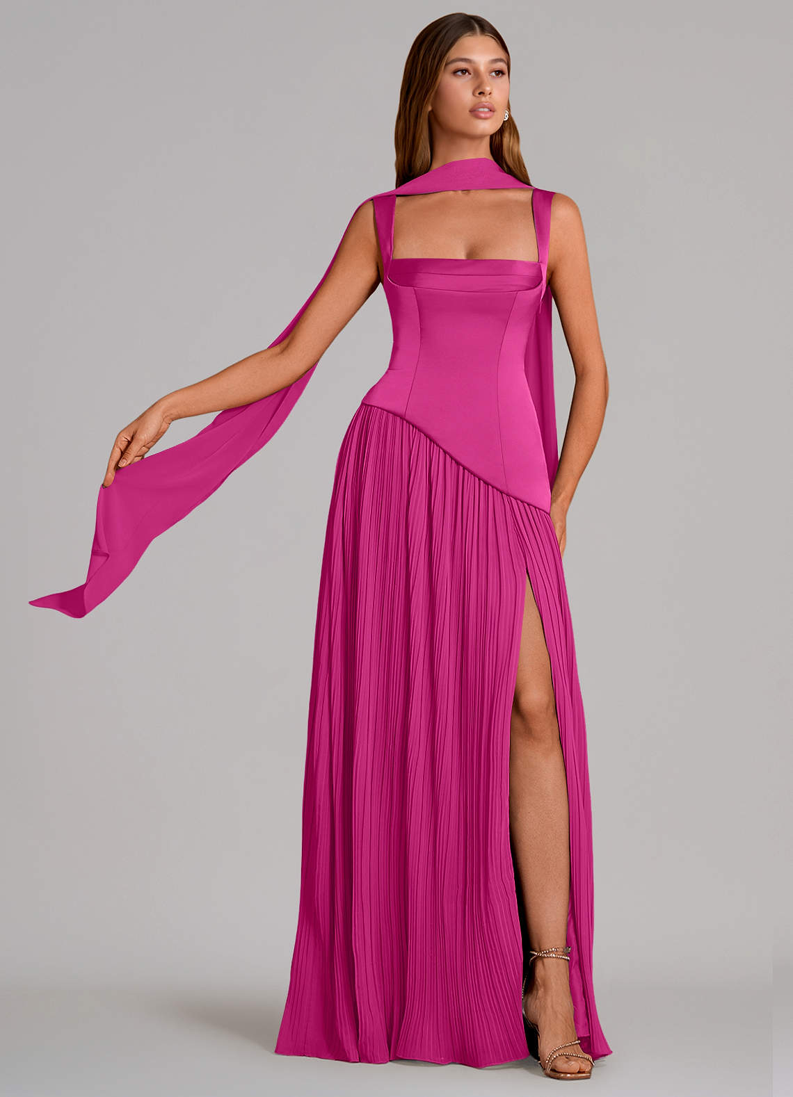 Stephanie A-Line Square-Neck Stretch Satin and Chiffon Bridesmaid Dress in Fuchsia