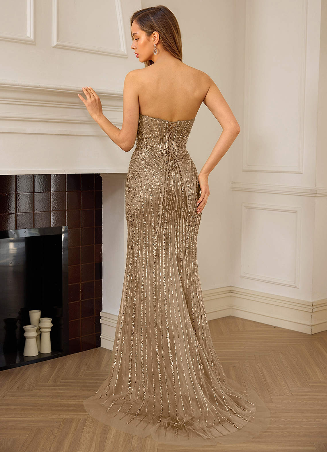Katheron Mermaid Sweetheart Beaded Tulle Evening Dress in Pale Khaki