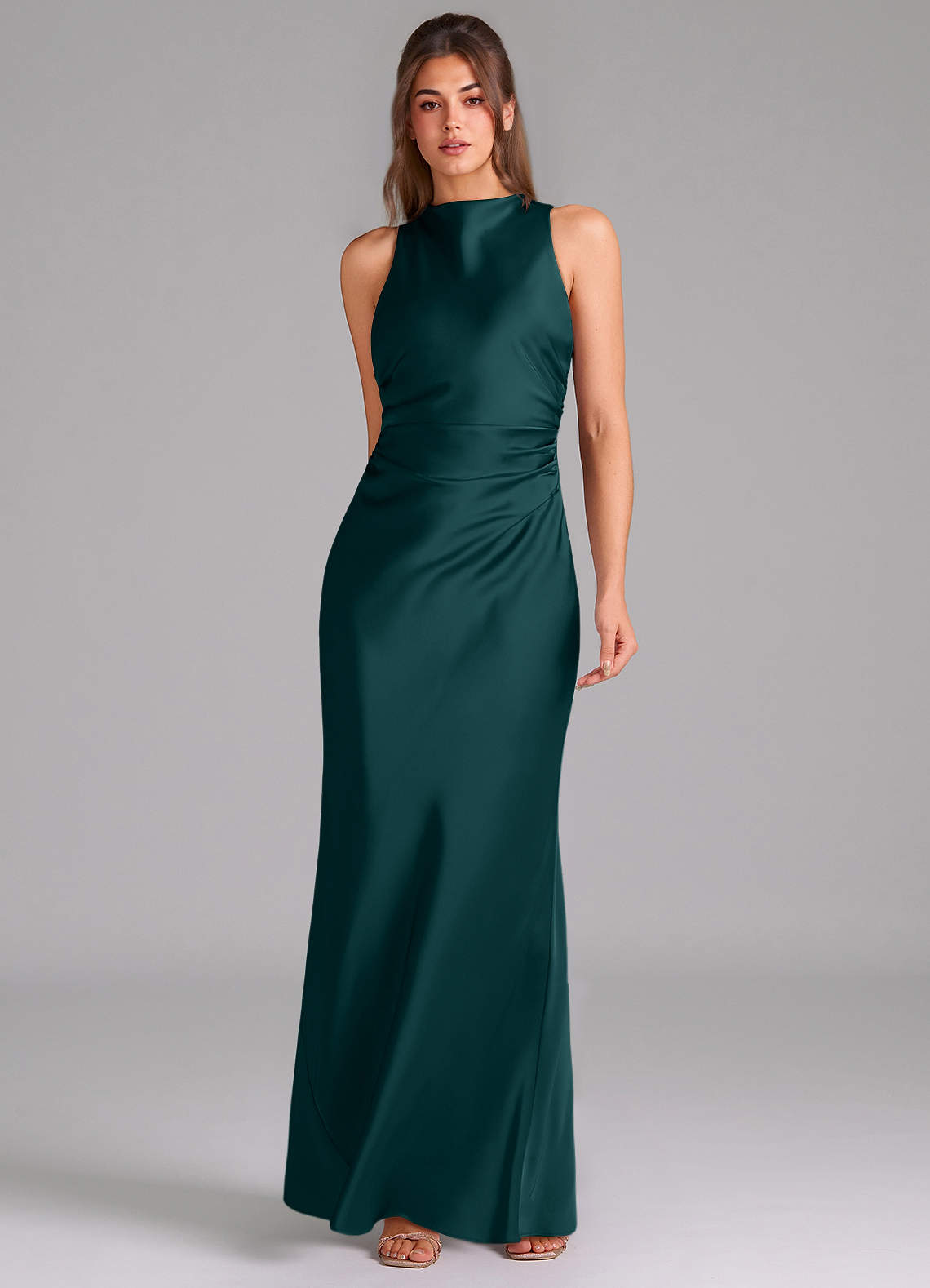 Evadne Sheath Scoop-Neck Stretch Satin Bridesmaid Dress in Pine