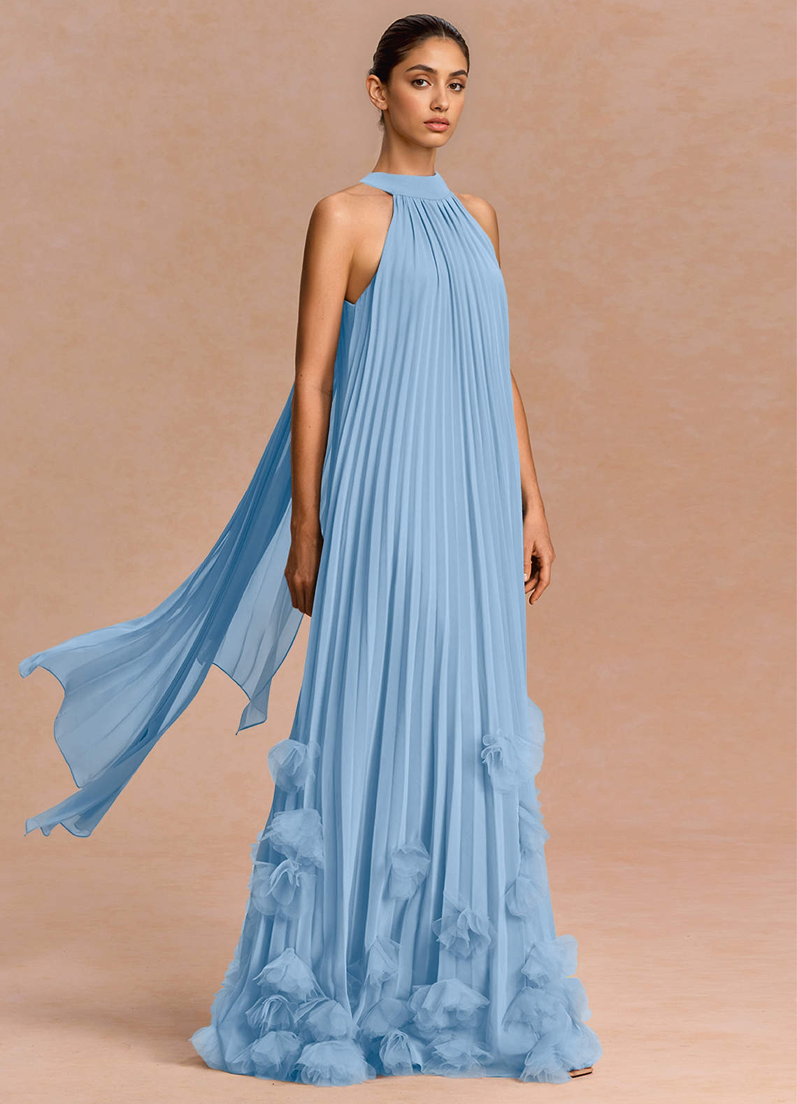 Lucette A-Line Halter Chiffon Evening Dress in Haze blue