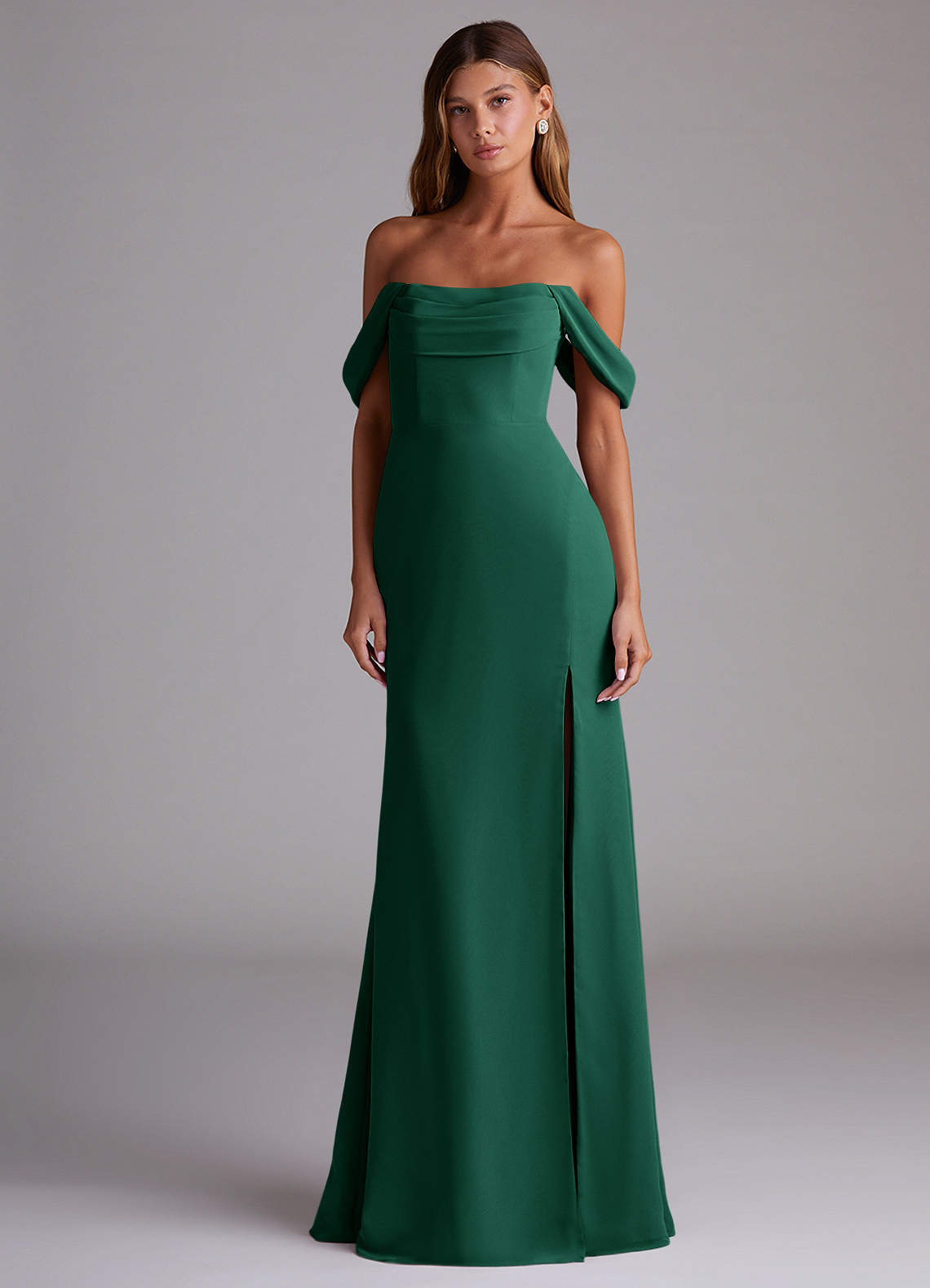 Saige A-Line Off-the-Shoulder Chiffon Bridesmaid Dress in Emerald