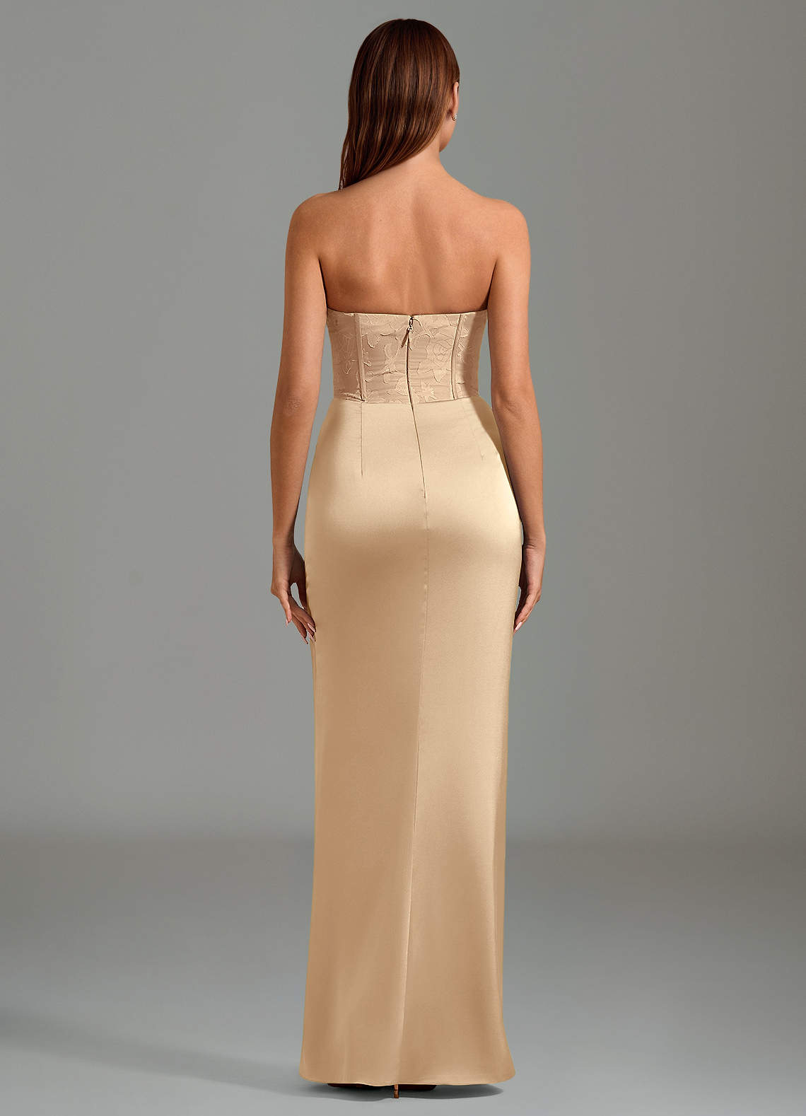Emilia Mermaid Strapless Stretch Satin and Floral Burnout Bridesmaid Dress in Champagne