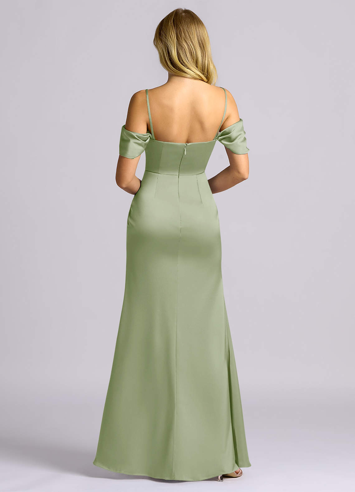 Auden Sheath Off-the-Shoulder Stretch Satin Bridesmaid Dress in Dusty Sage