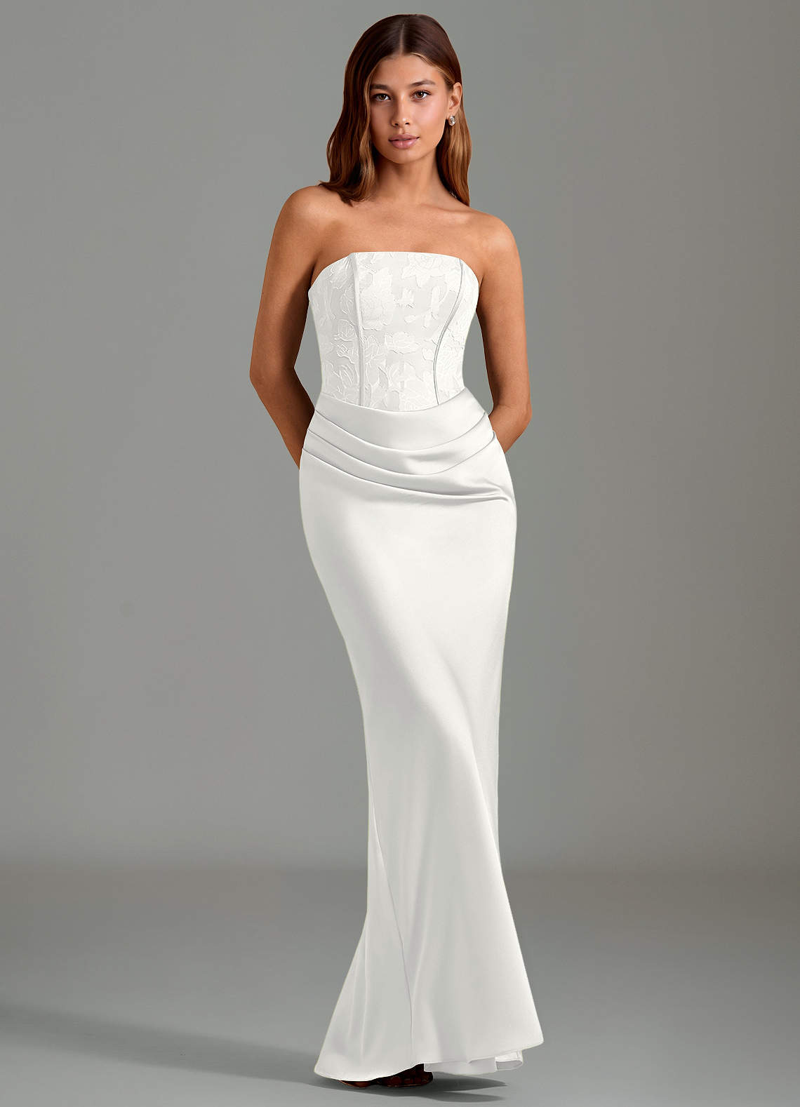 Emilia Mermaid Strapless Stretch Satin and Floral Burnout Bridesmaid Dress in white