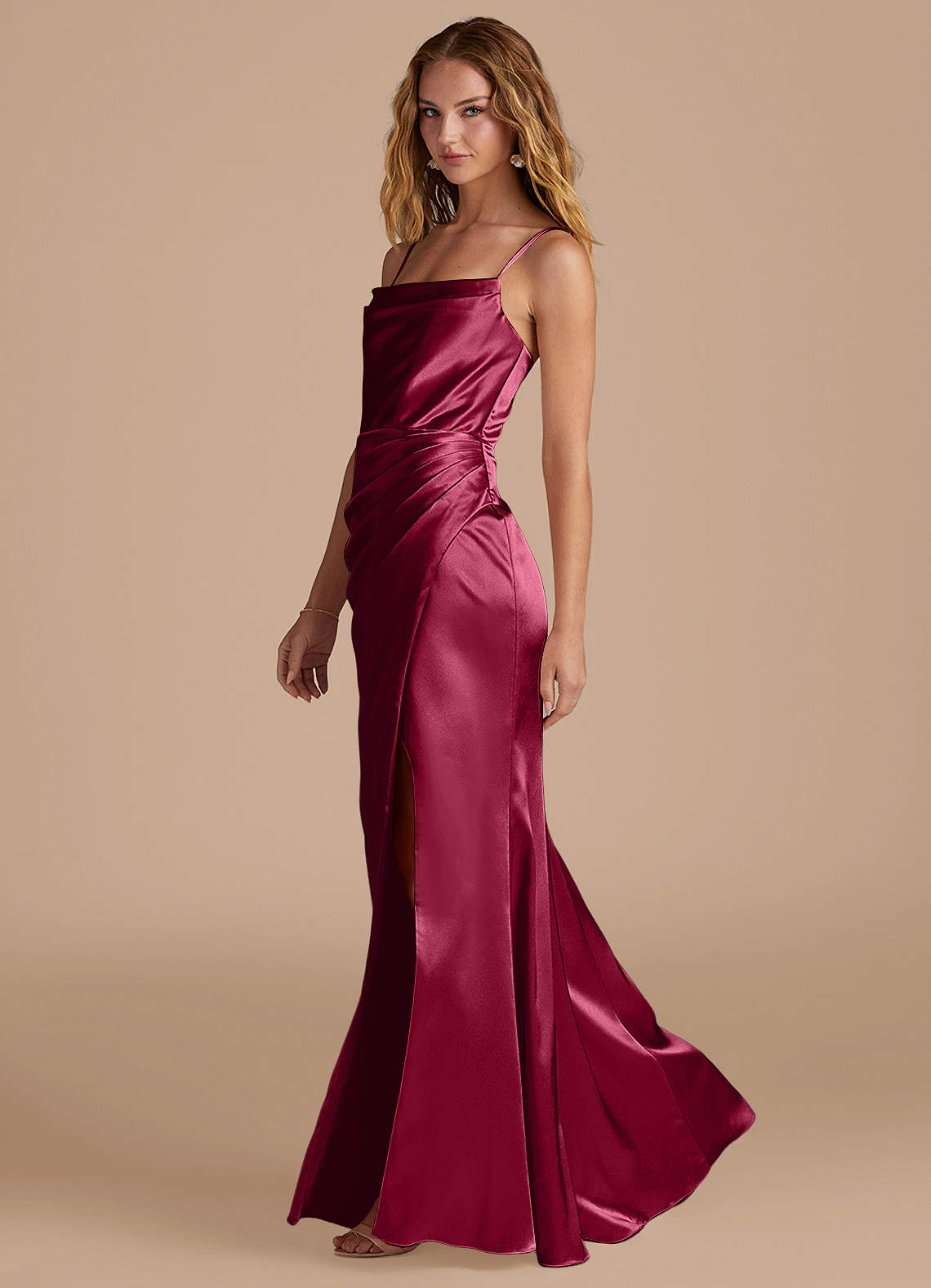 Marzia Mermaid Square-Neck Metallic Satin Bridesmaid Dress in Burgundy