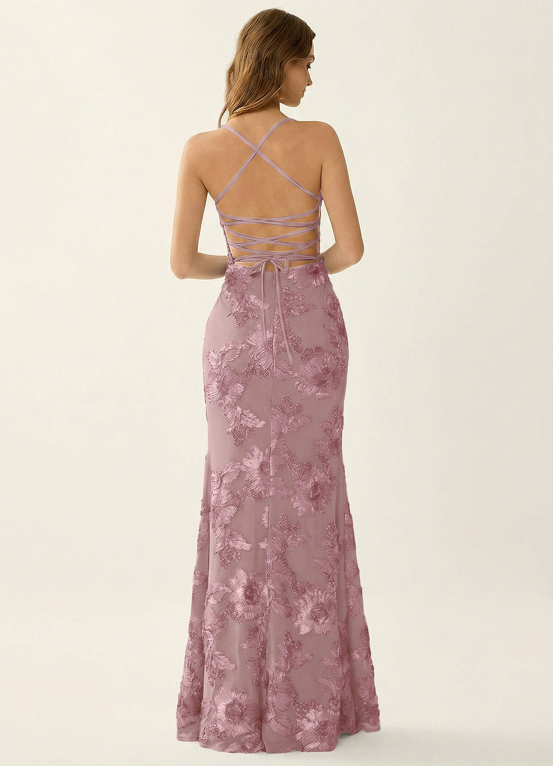 Kailani Mermaid Spaghetti-Strap Lace Evening Dress in Dusty Lilac