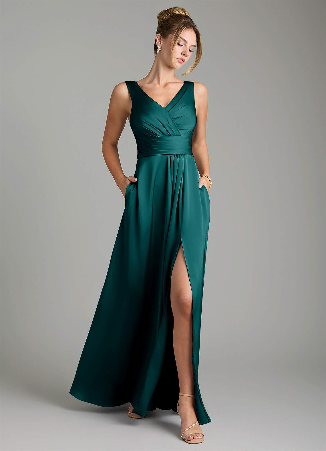 Karina A-Line V-Neck Stretch Satin Bridesmaid Dress in Peacock