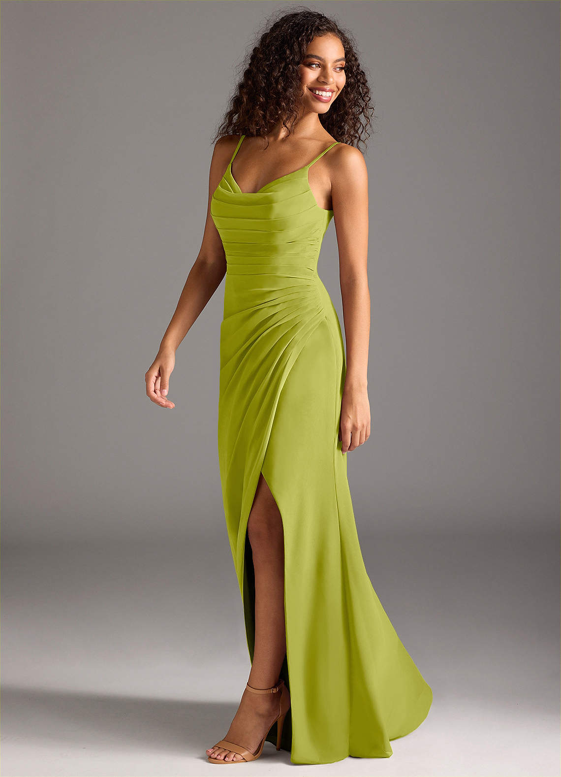Deandra Mermaid Cowl-Neck Chiffon Bridesmaid Dress in Lemongrass