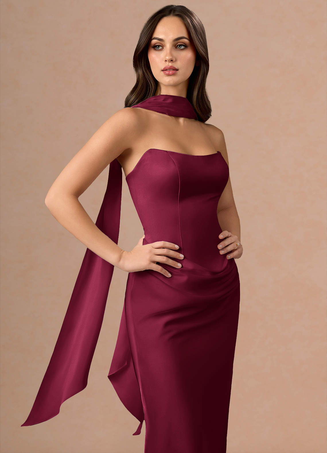 Valencia Scarf Lace-Up Stretch Satin Evening Dress in Merlot
