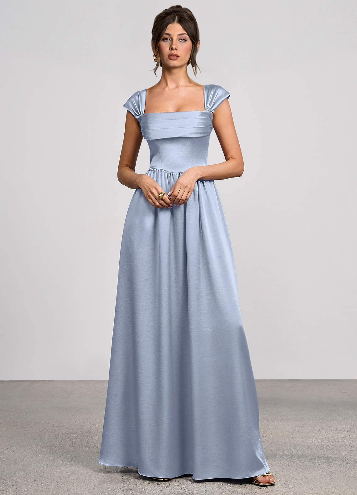 Odette A-Line Corset Luminous Satin Evening Dress in dusty blue