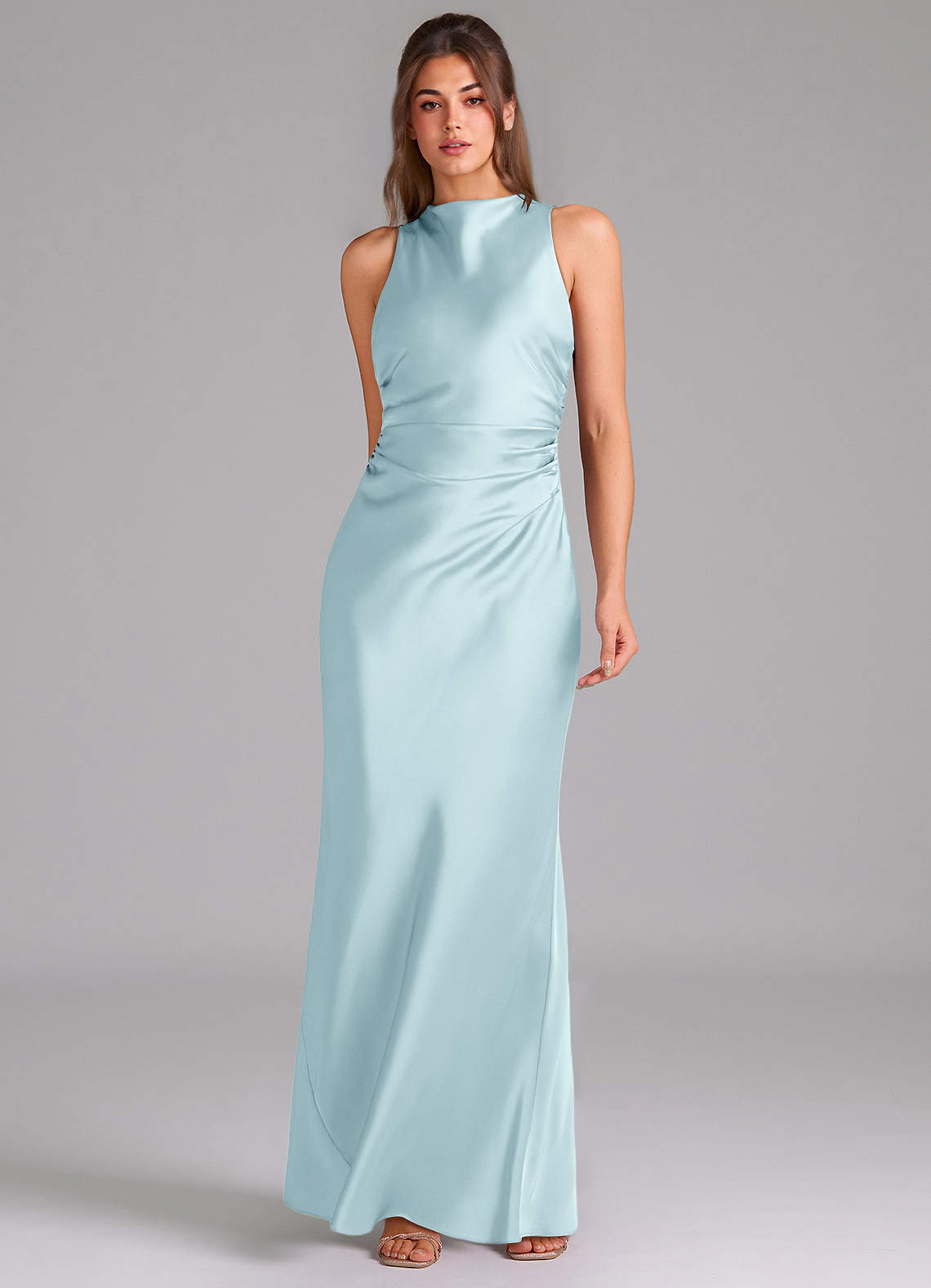 Evadne Sheath Scoop-Neck Stretch Satin Bridesmaid Dress in Cloud Blue