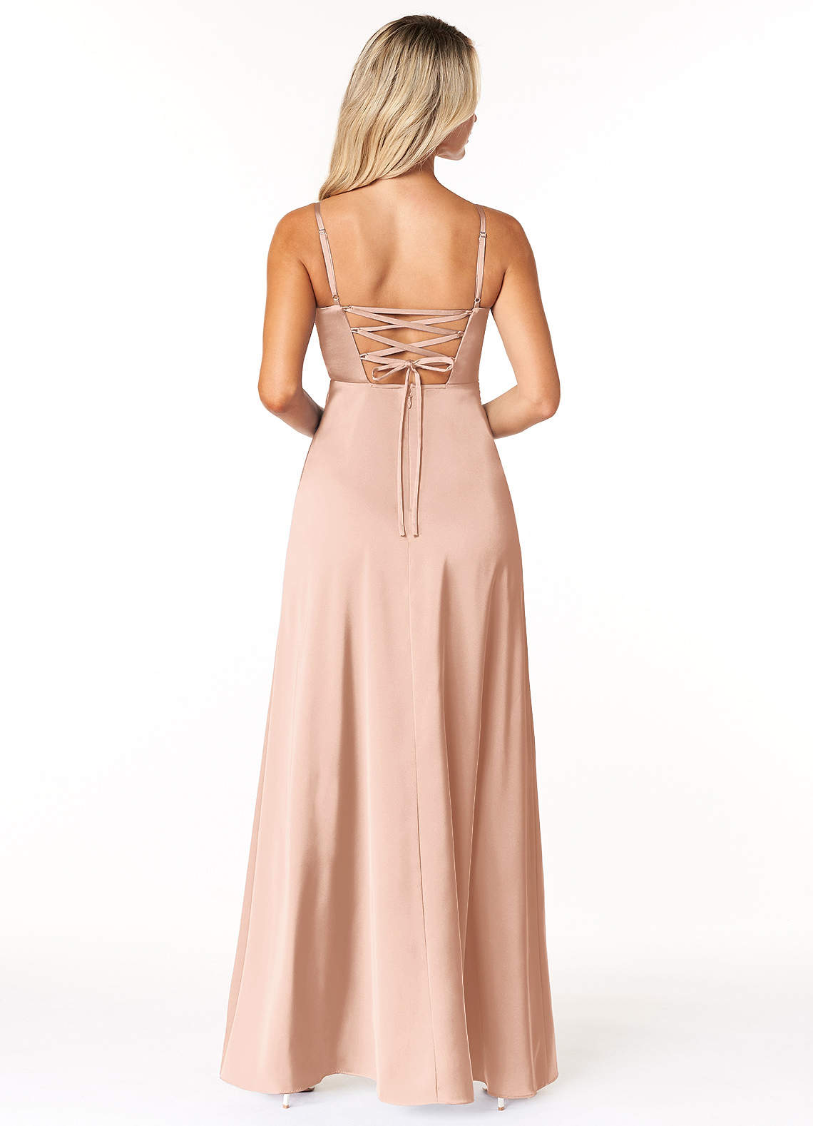 Marchella A-Line V-Neck Stretch Satin Bridesmaid Dress in rose gold