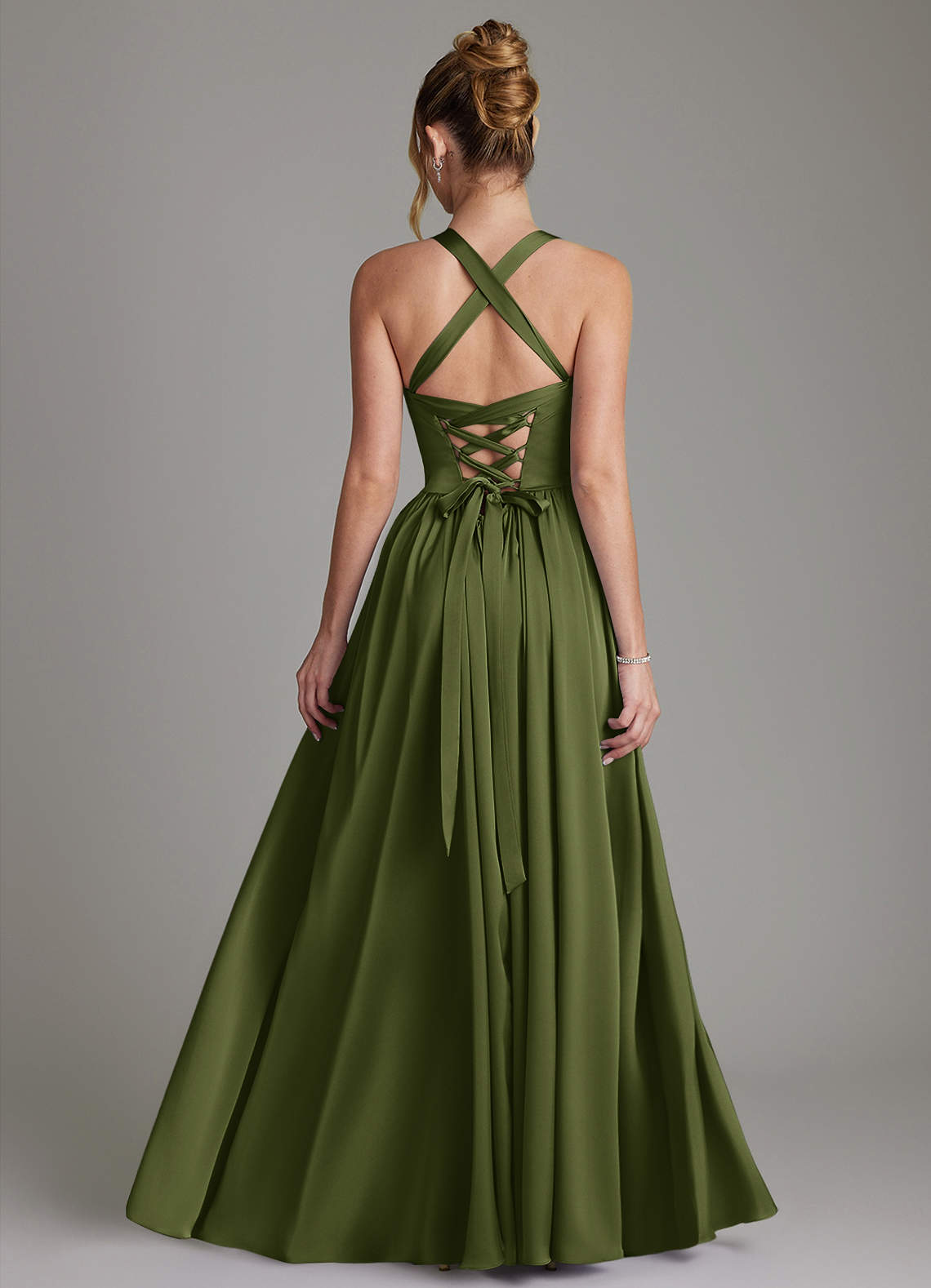 Francis A-Line V-Neck Stretch Satin Bridesmaid Dress in Olive