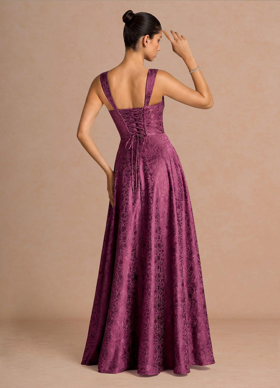 Elowena A-Line Square-Neck Satin Jacquard Evening Dress in Plum Purple