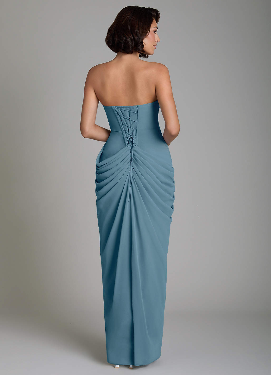 Nyra Sheath Strapless Chiffon Bridesmaid Dress in Bermuda
