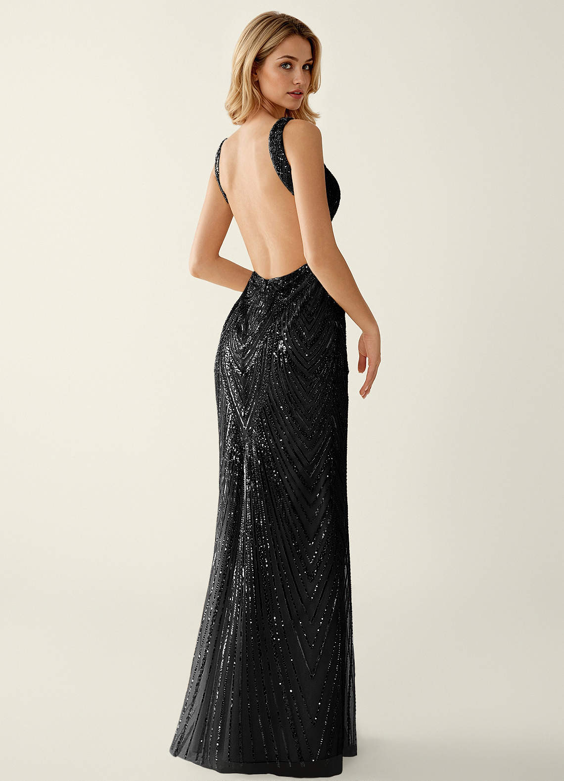 Hazelen Plunging V-Neck Chevron Sequin Tulle Evening Dress in Solid Black