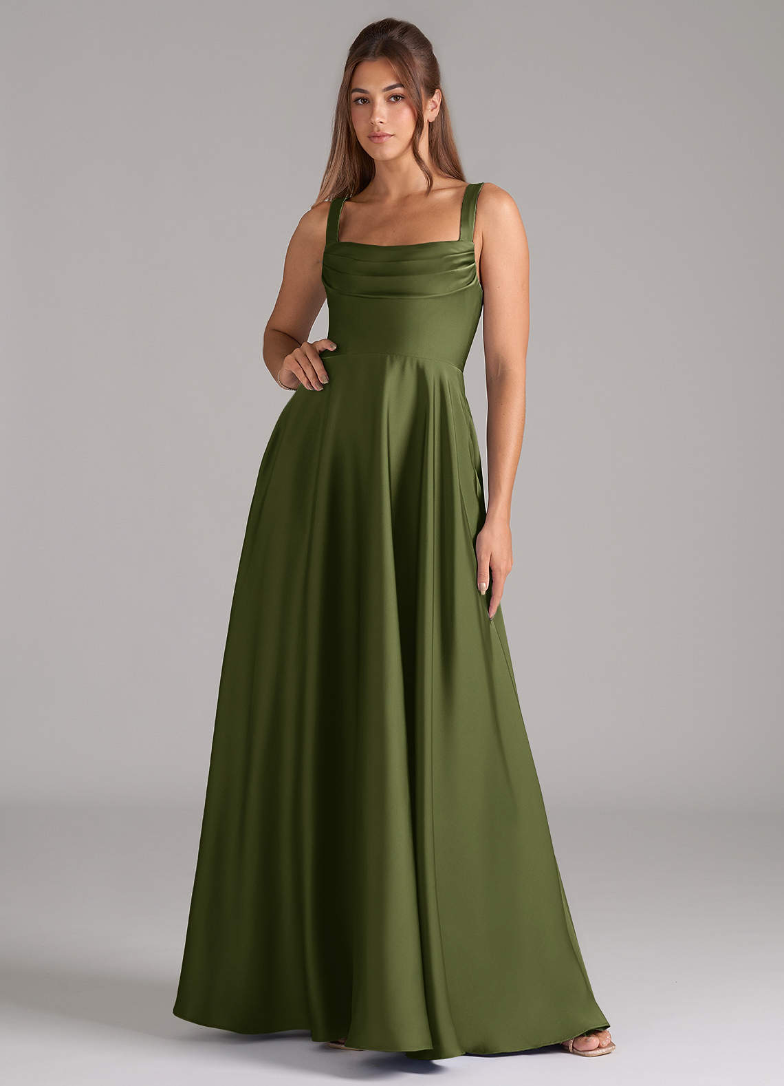 Shaude A-Line Square-Neck Stretch Satin Bridesmaid Dress in Olive